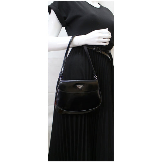 Prada Cleo Brushed Shoulder Bag Leather Black