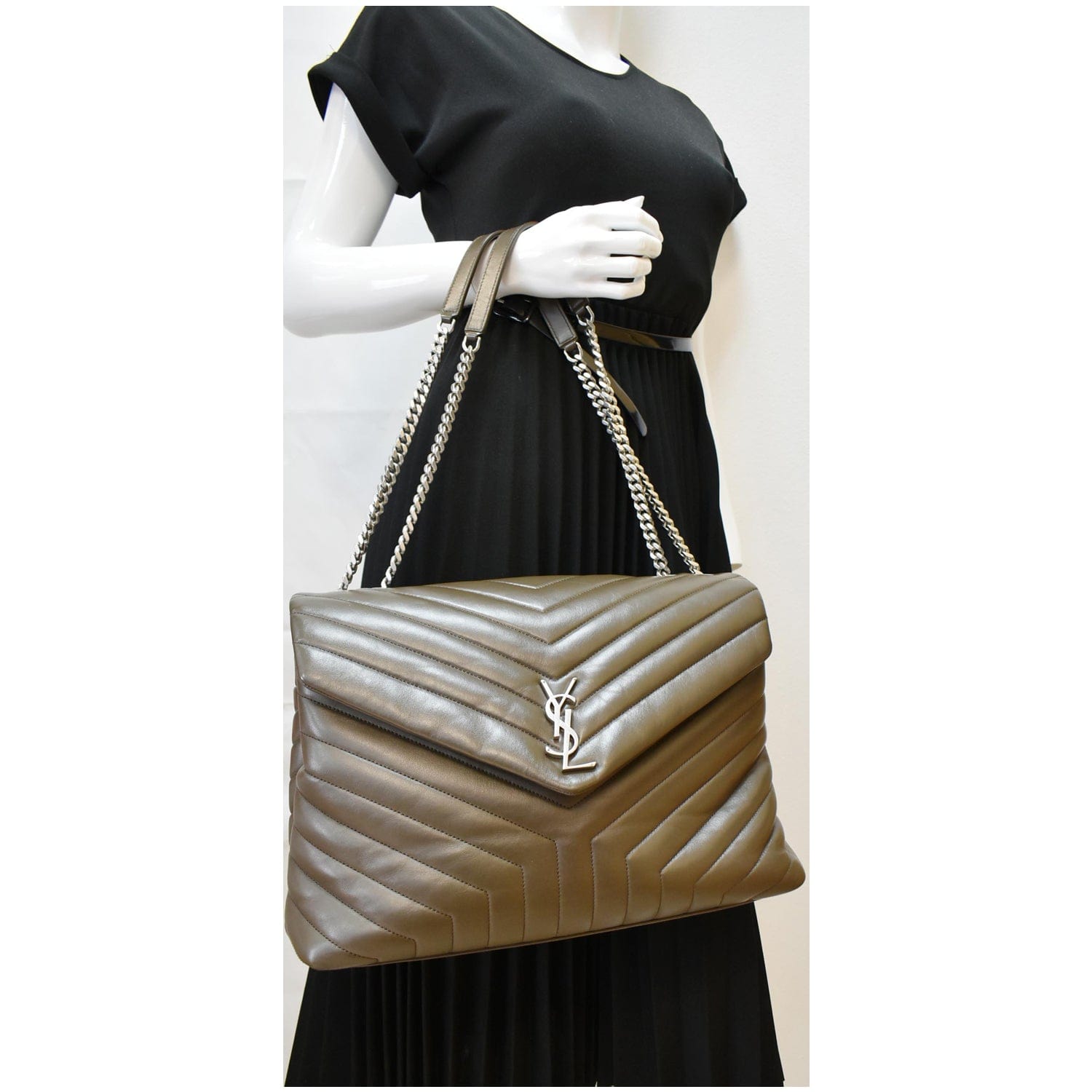 YSL Saint Laurent Saint Loulou Chain Shoulder Bag Khaki Matelasse Green