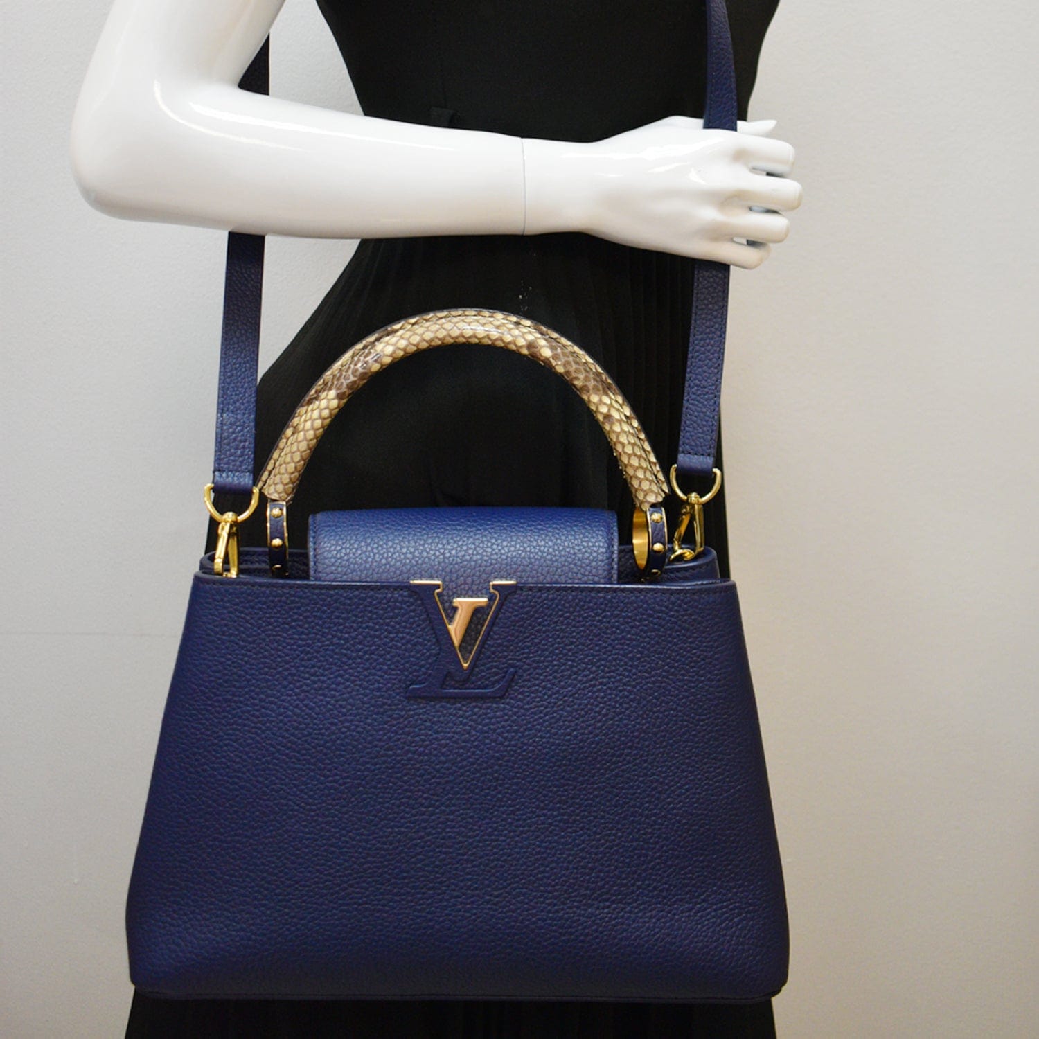 Louis Capucines Mm Taurillon Python Satchel Bag Leather Blue Travel Bag