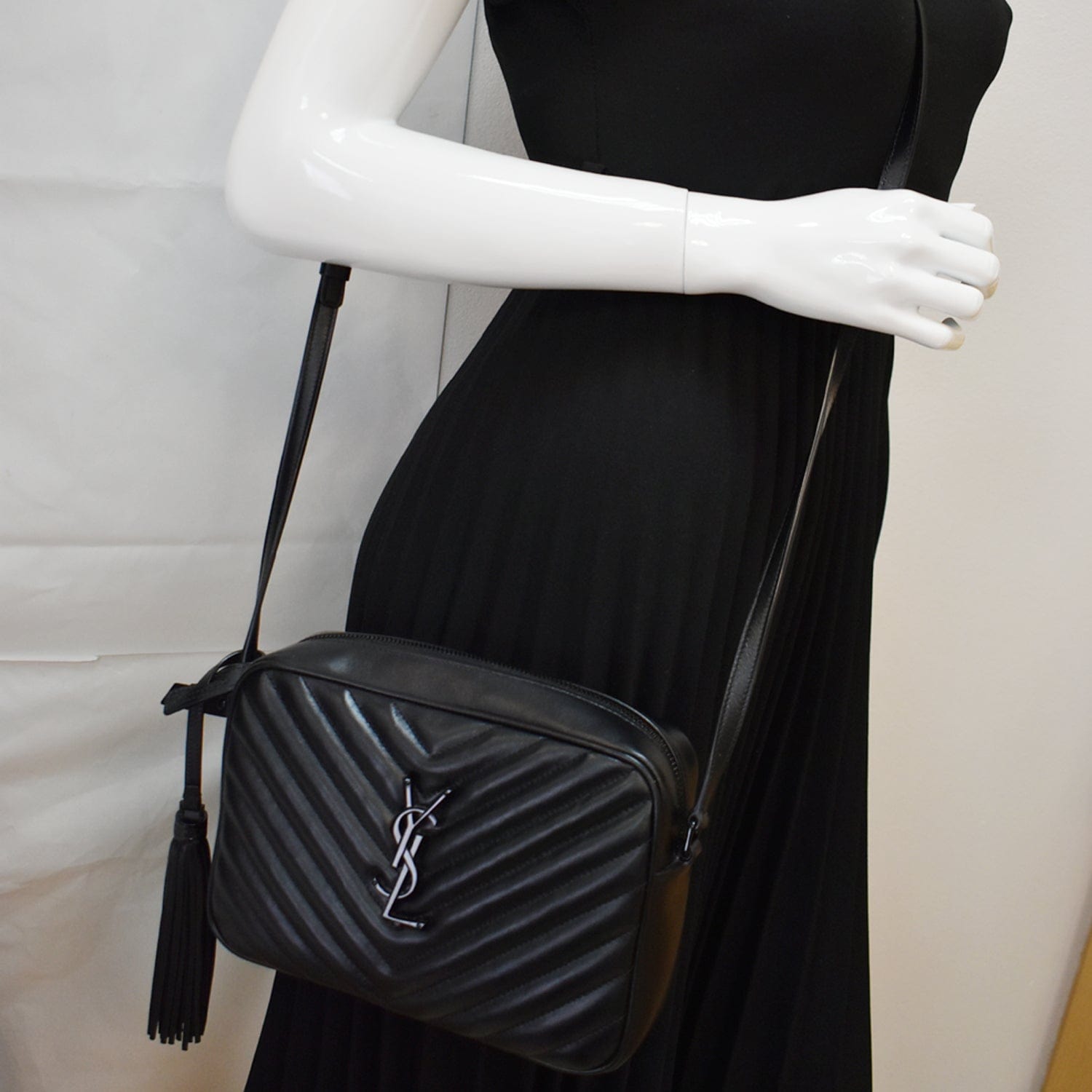 YSL Saint Laurent Saint Lou Chevron Camera Crossbody Bag Leather Black Bag Black