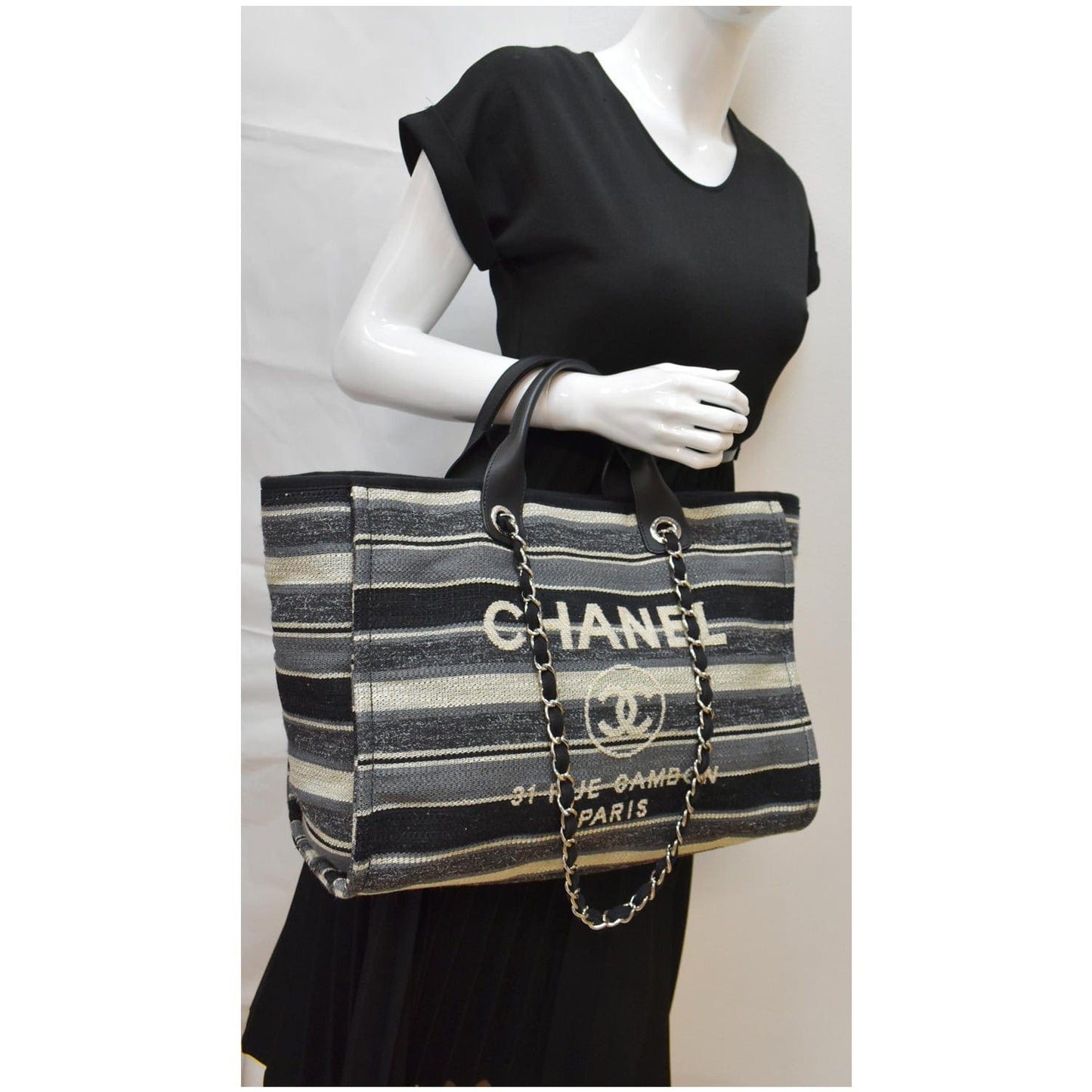 Chanel Deauville Striped Tweed Tote Bag Grey Canvas Black