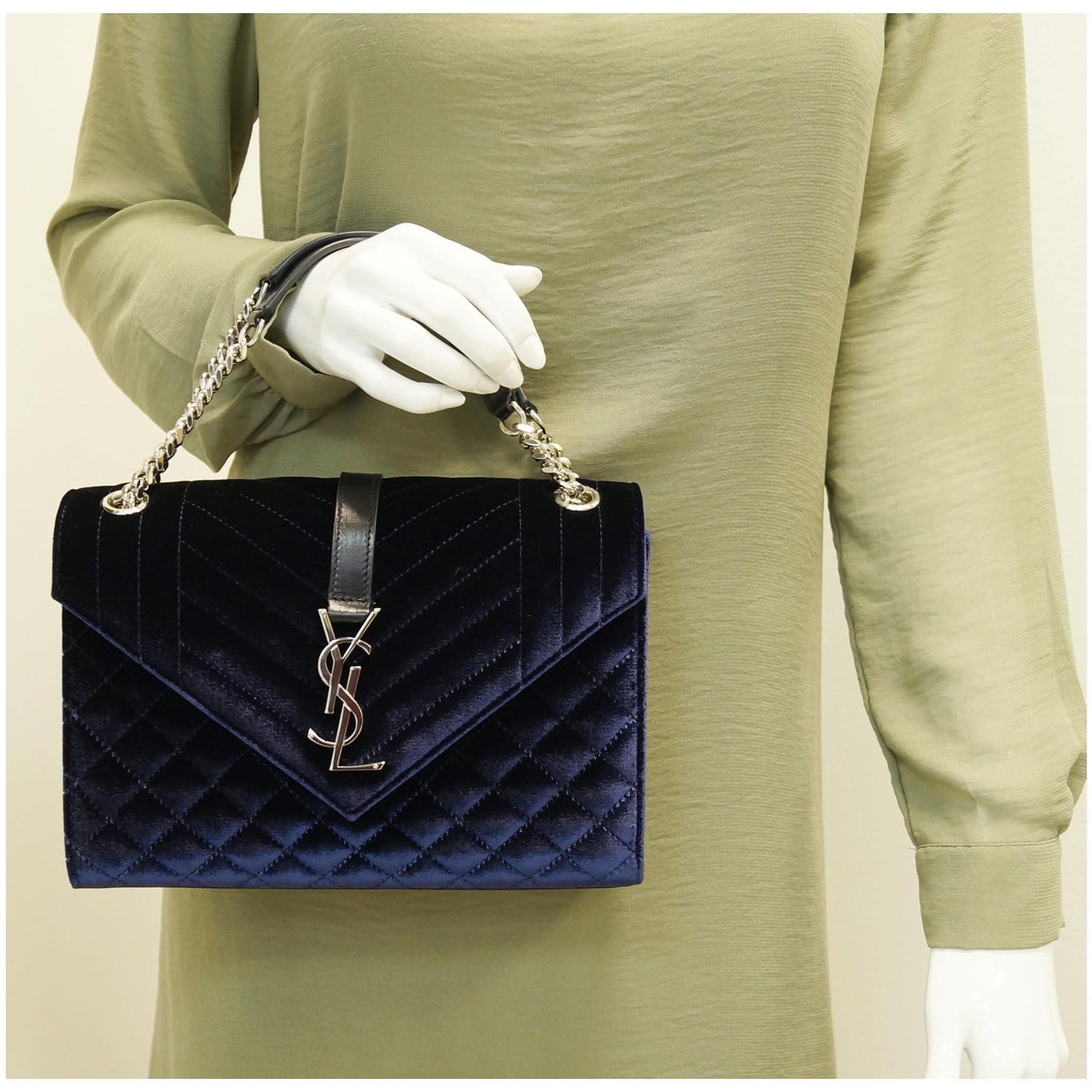 YSL Saint Laurent Saint Tri Quilt Velvet Shoulder Bag Navy Blue Flap