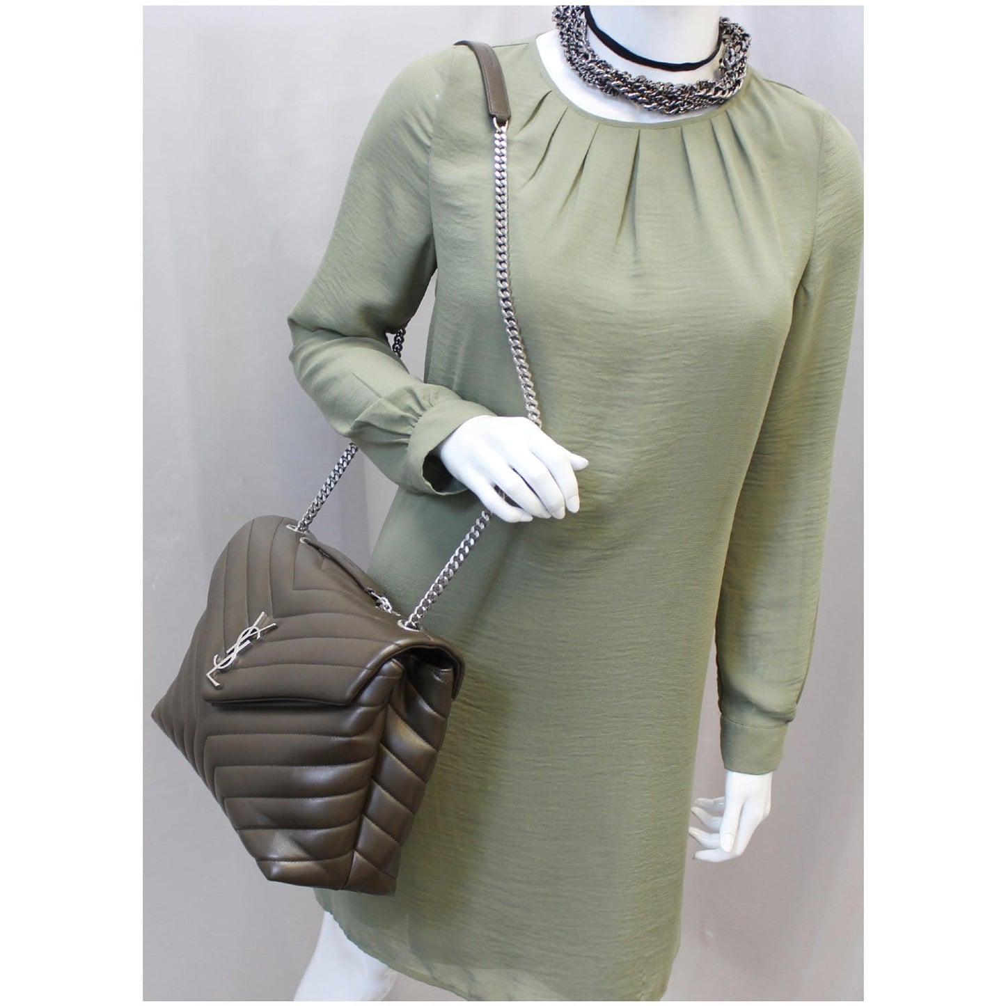 YSL Saint Laurent Saint Loulou Calfskin Shoulder Bag Grey Matelasse Monogram