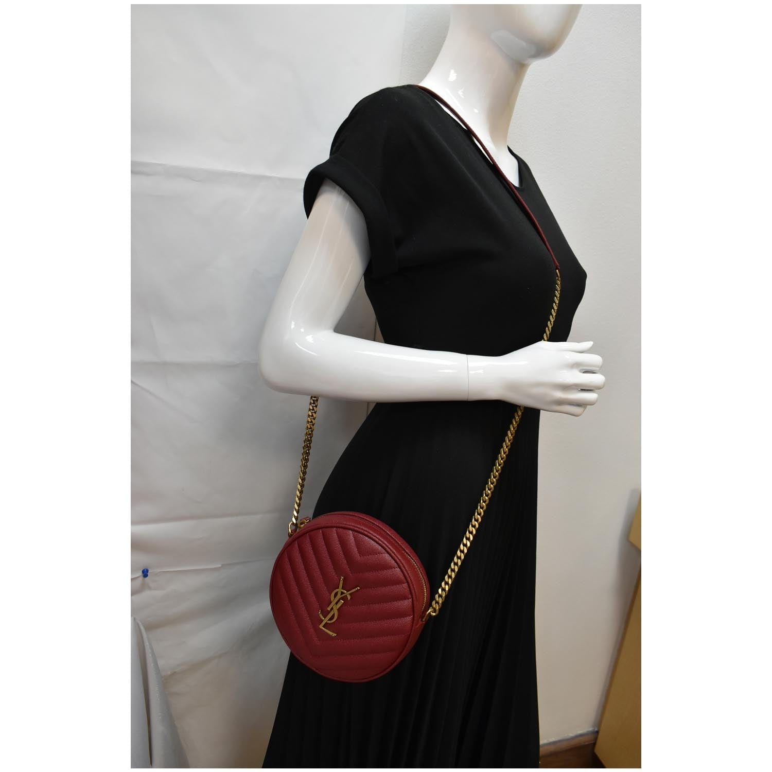 YSL Saint Laurent Saint Vinyle Round Chevron Camera Crossbody Bag Leather Red