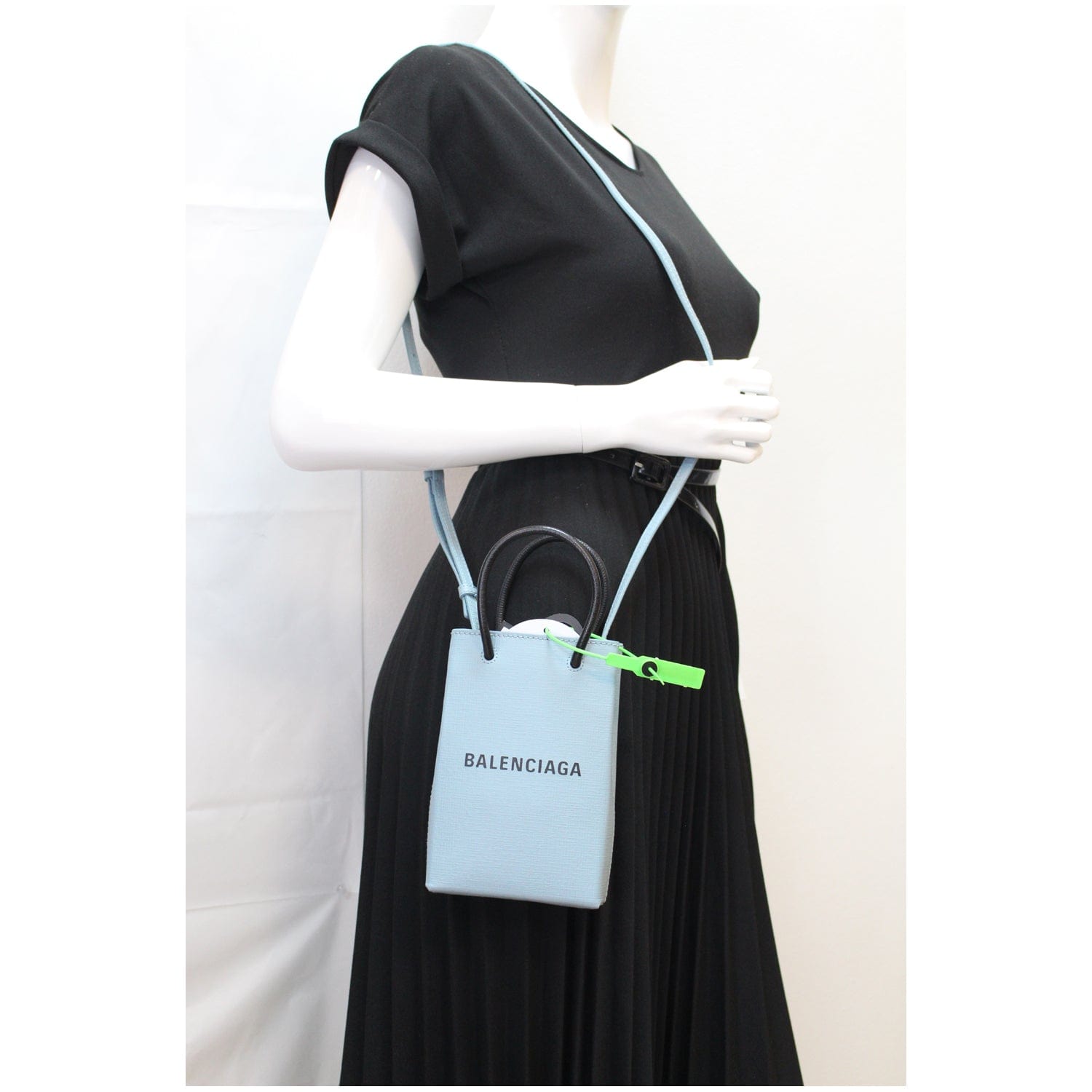 Balenciaga Phone Holder Shopping Tote Shoulder Bag Sky Leather Blue