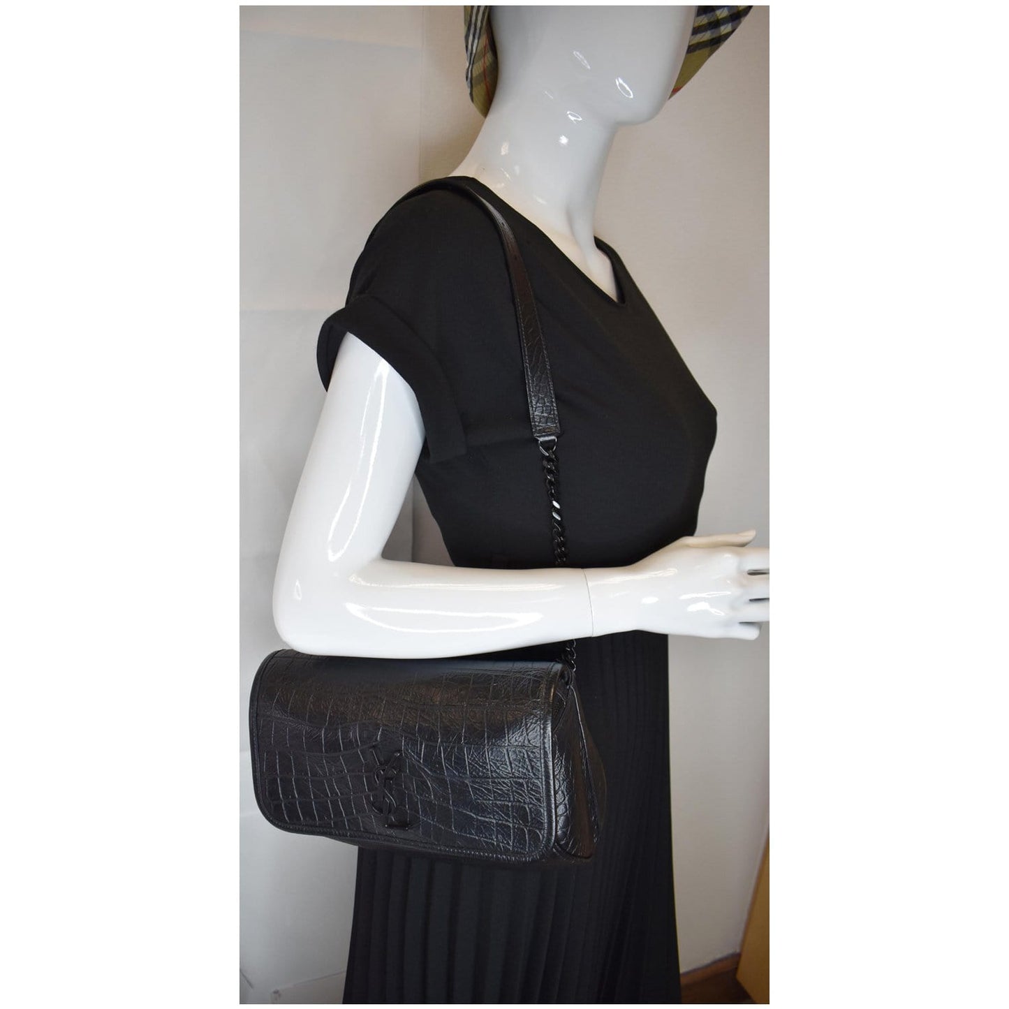 YSL Saint Laurent Saint Niki Croc Embossed Shoulder Bag Leather Black
