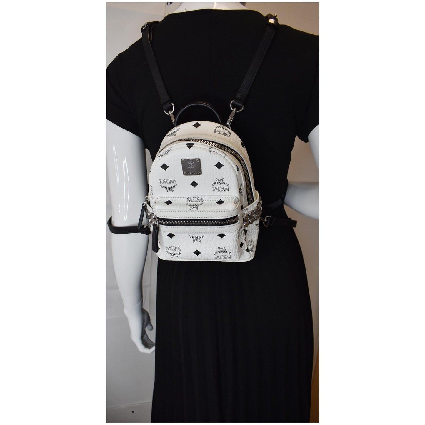 MCM Stark Side Stud Visetos Logo Backpack Leather White