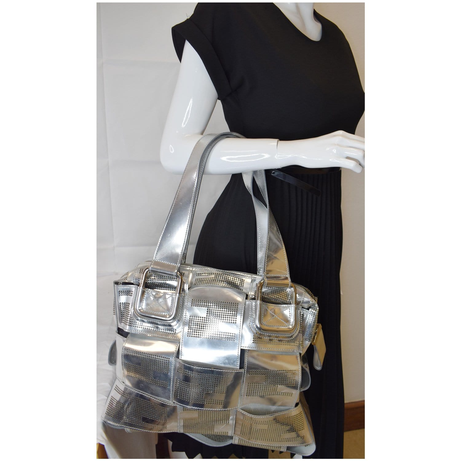 Fendi Crossword Metallic Perforated Shoulder Bag Leather Silver