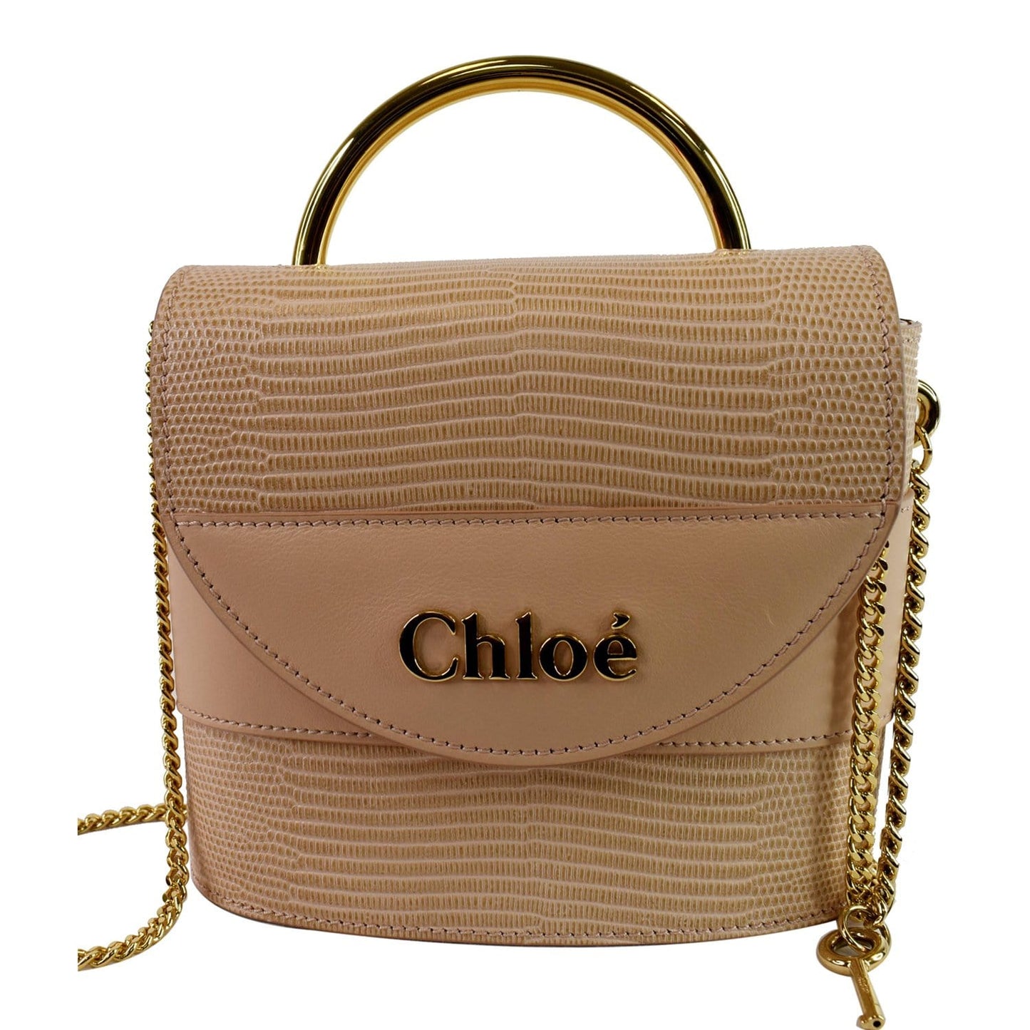 Chloe Aby Lock Embossed Calfskin Chain Shoulder Leather Beige Shoulder Bag