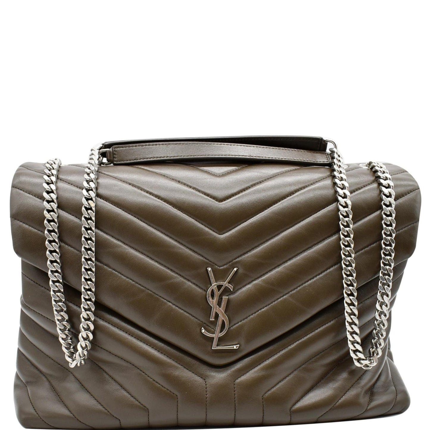 YSL Saint Laurent Saint Loulou Calfskin Chain Shoulder Bag Khaki Matelasse Green