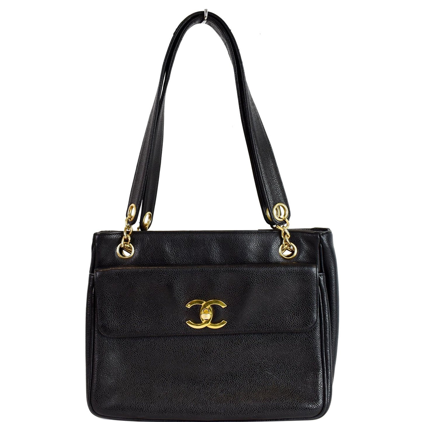 Chanel Front Pocket Caviar Tote Bag Leather Black Shoulder Bag