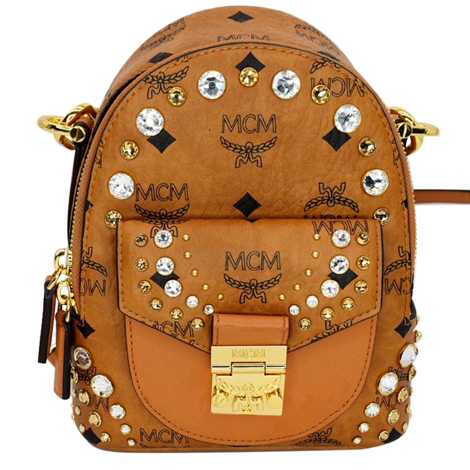 MCM Crystal Visetos Nappa Backpack Bag Cognac Leather Mini