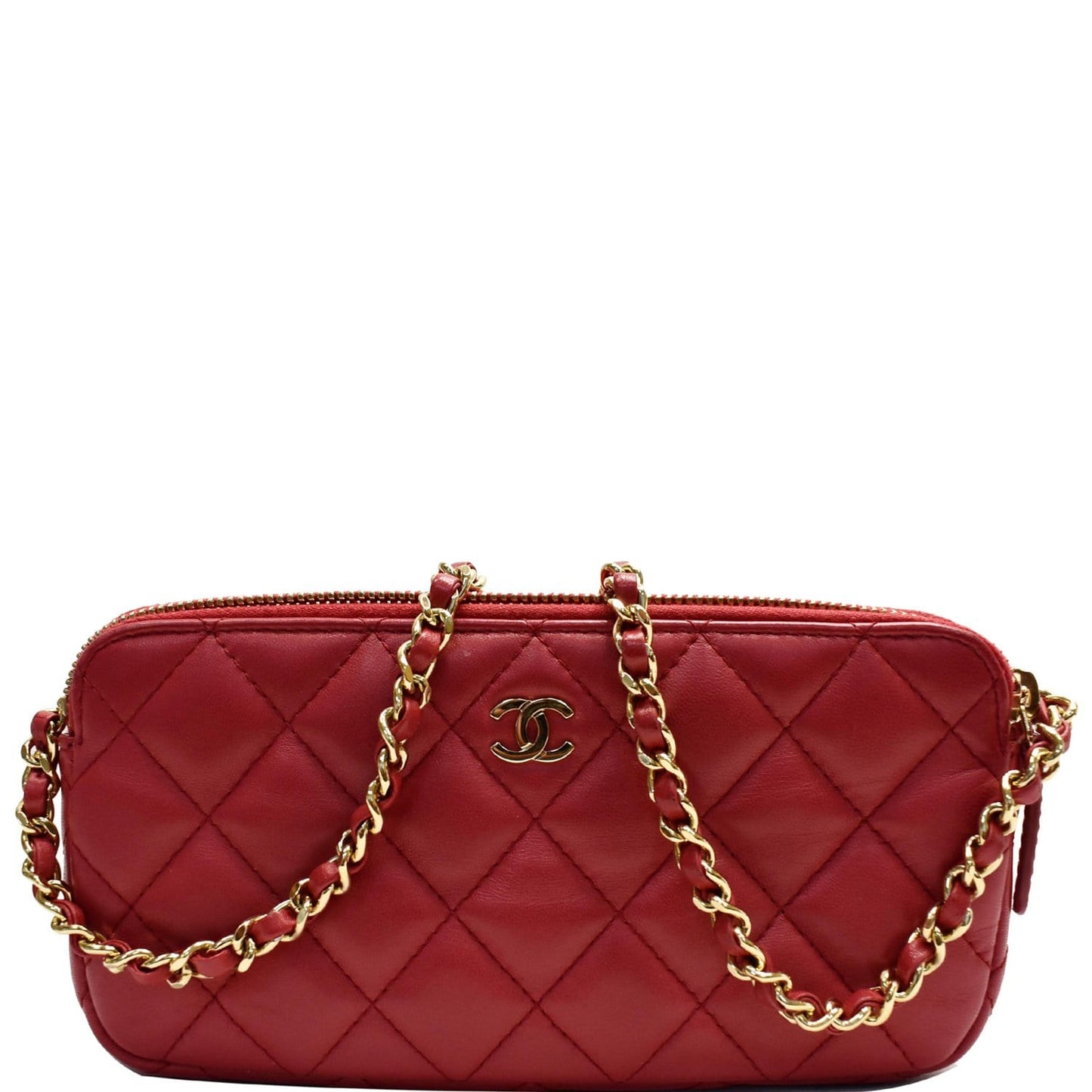 Chanel Double Zip Wallet On Woc Lambskin Shoulder Red Chain Crossbody Bag