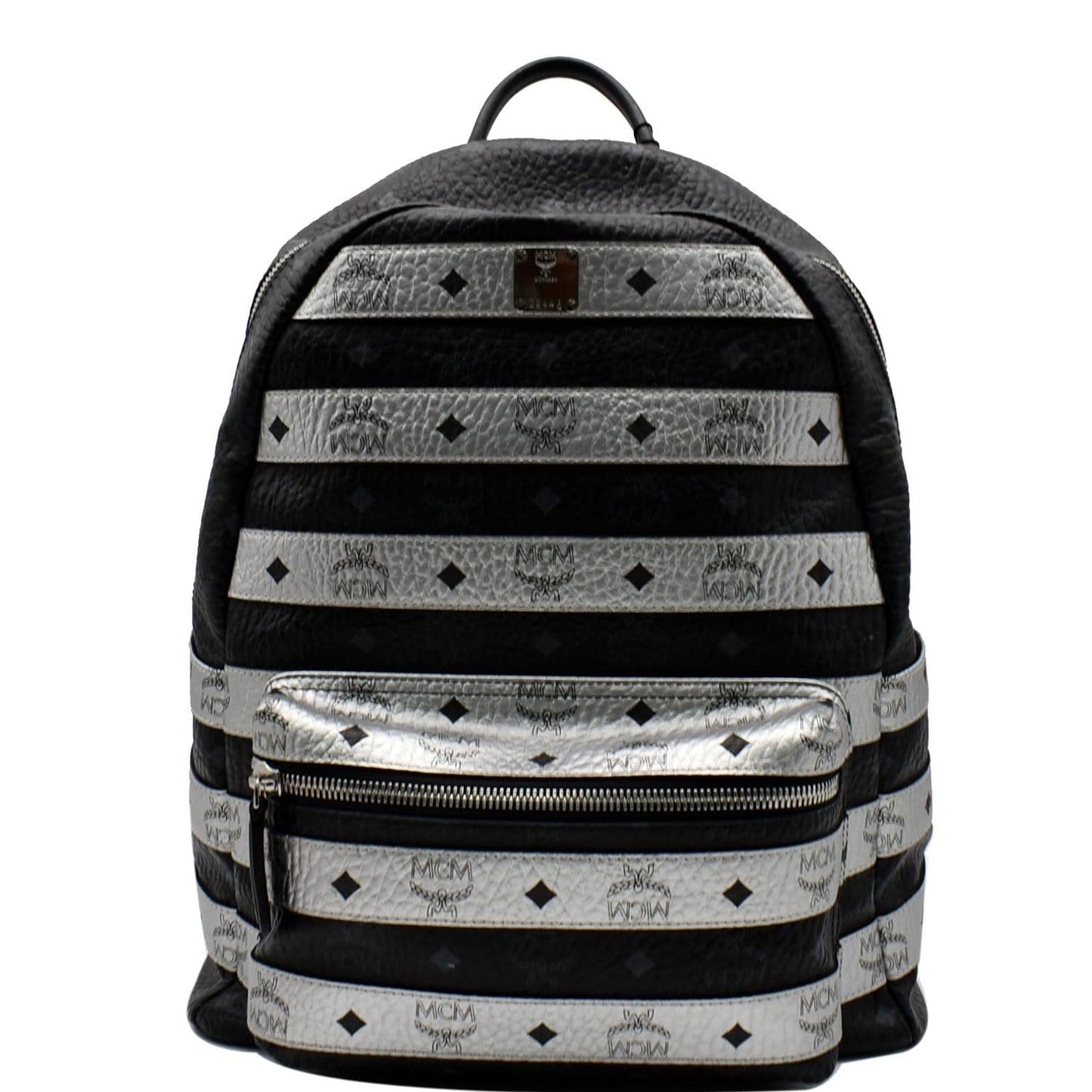 MCM Striped Stark Metallic Visetos Backpack Bag Black Silver