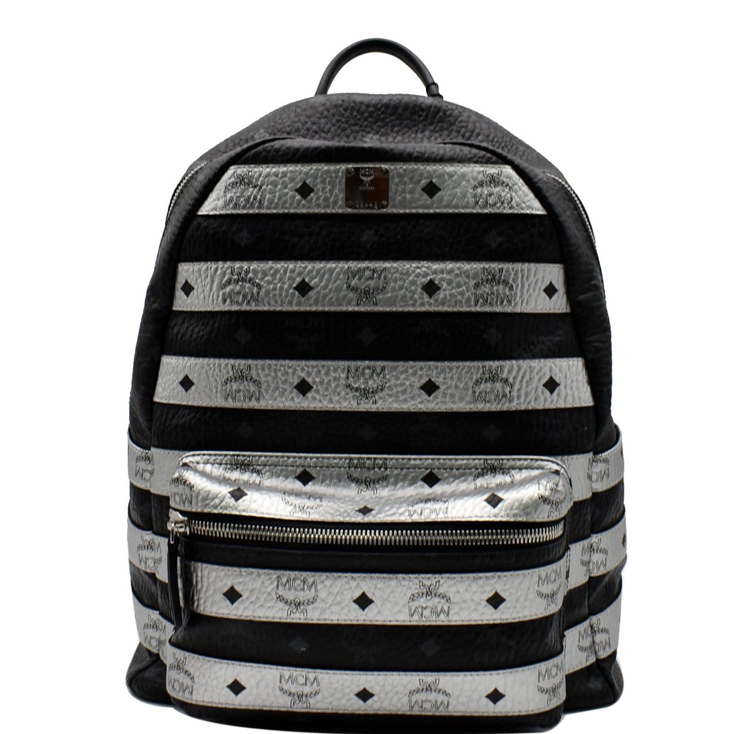 MCM Striped Stark Metallic Visetos Backpack Bag Black Silver