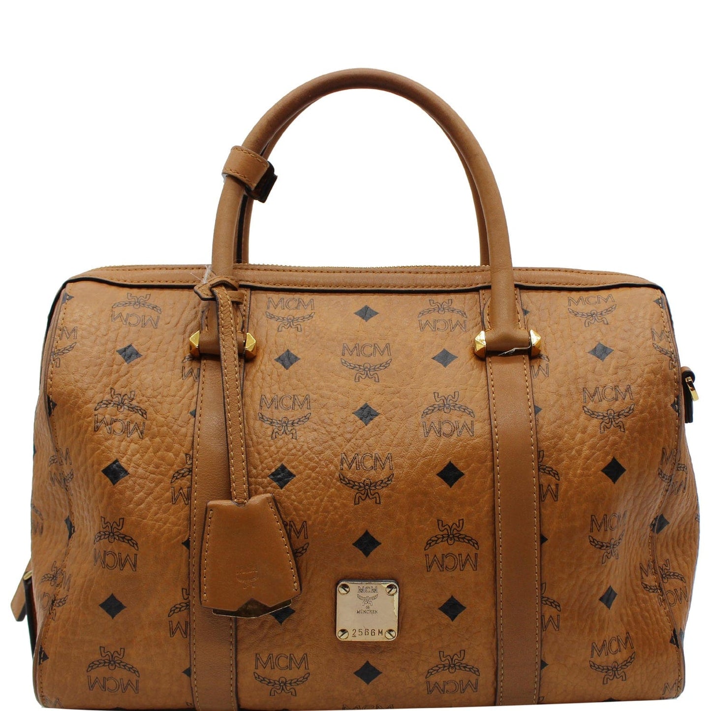 MCM Visetos Signature Boston Bag Cognac Leather Travel Bag