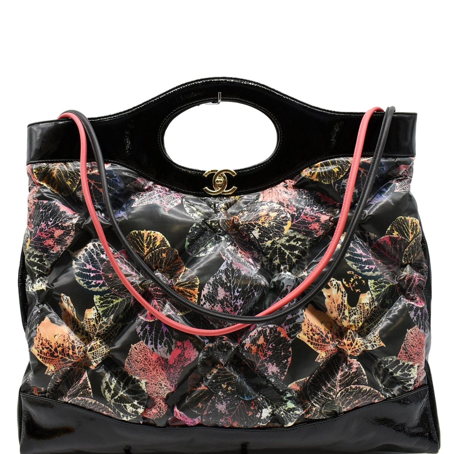 Chanel Leaves Printed Shopping Shoulder Bag Leather Black