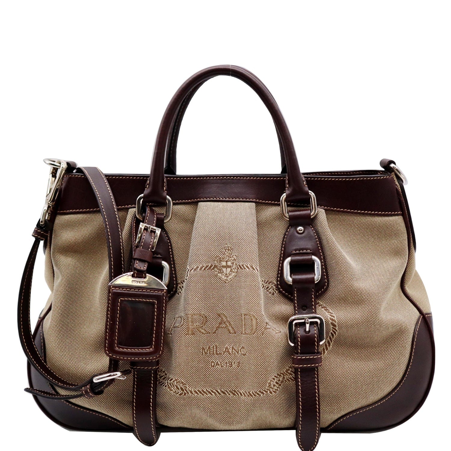 Prada Jacquard Logo Tote Shoulder Bag Leather Canvas