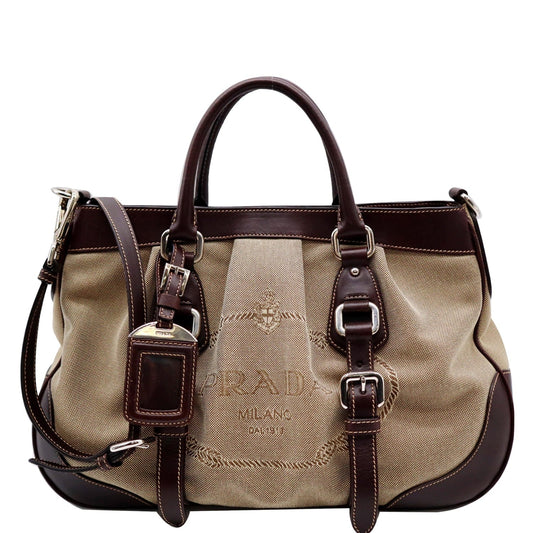 Prada Jacquard Logo Tote Shoulder Bag Leather Canvas