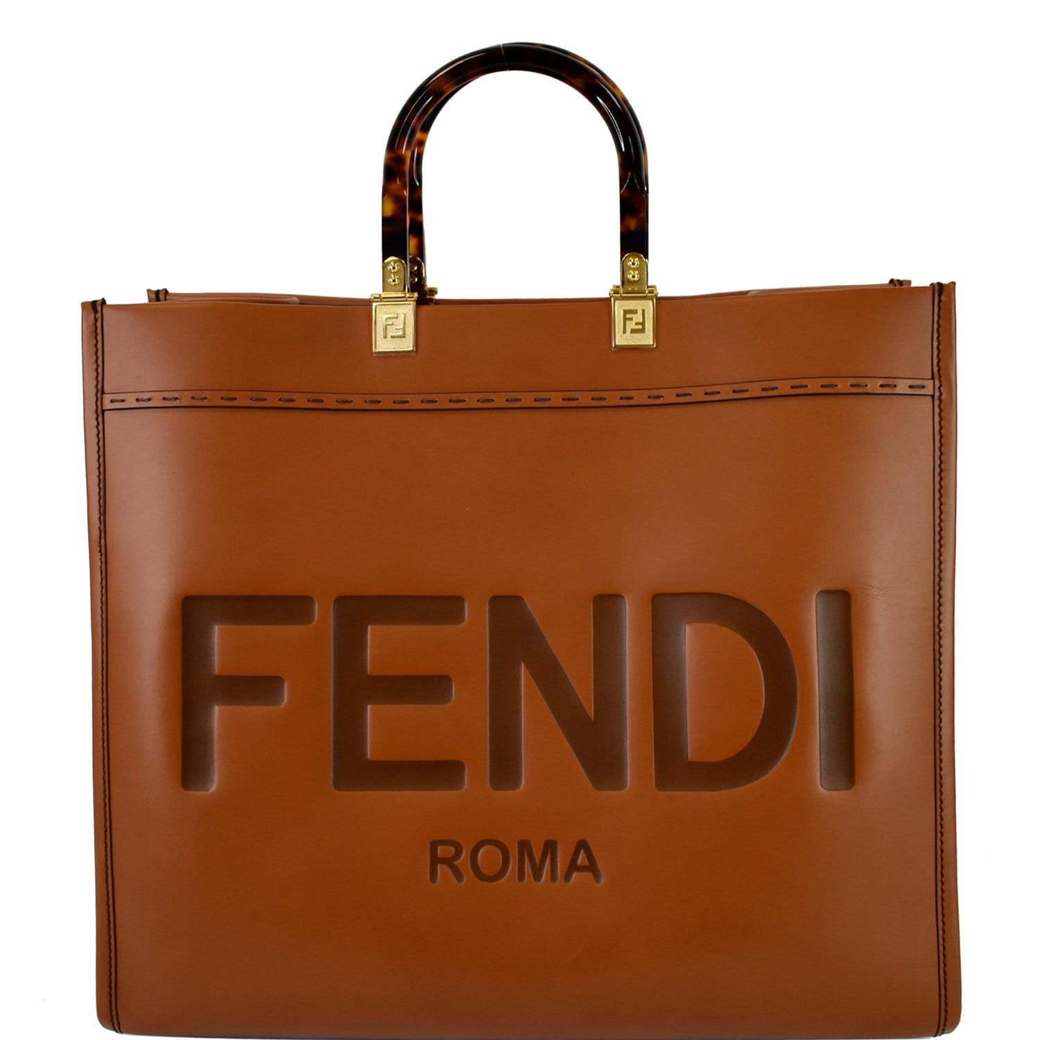 Fendi Sunshine Plexiglass Shopper Tote Bag Leather Brown