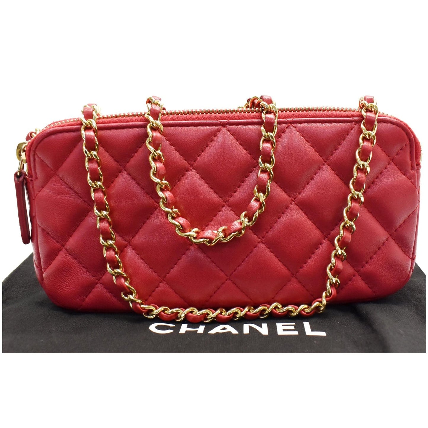 Chanel Double Zip Wallet On Woc Lambskin Shoulder Red Chain Crossbody Bag