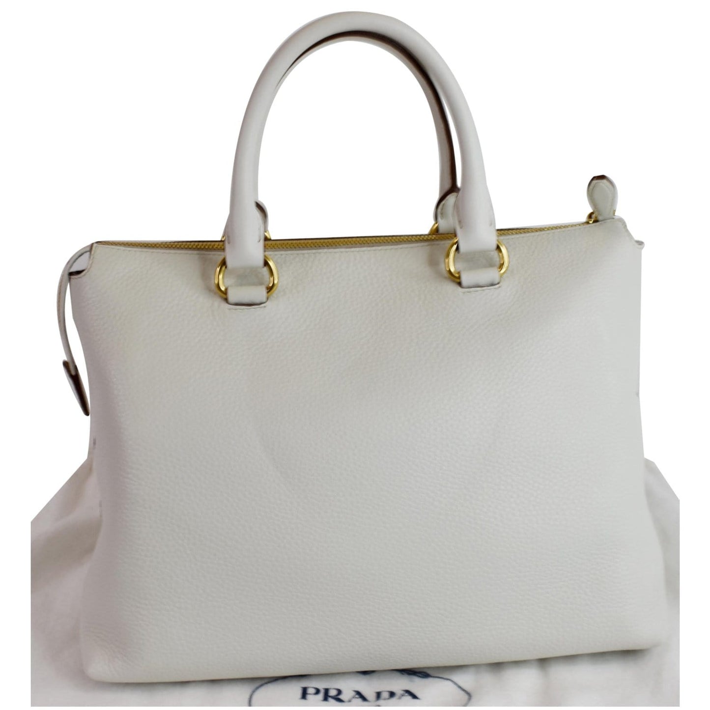 Prada Vitello Daino Pebbled Zip Tote Shoulder Bag Leather White