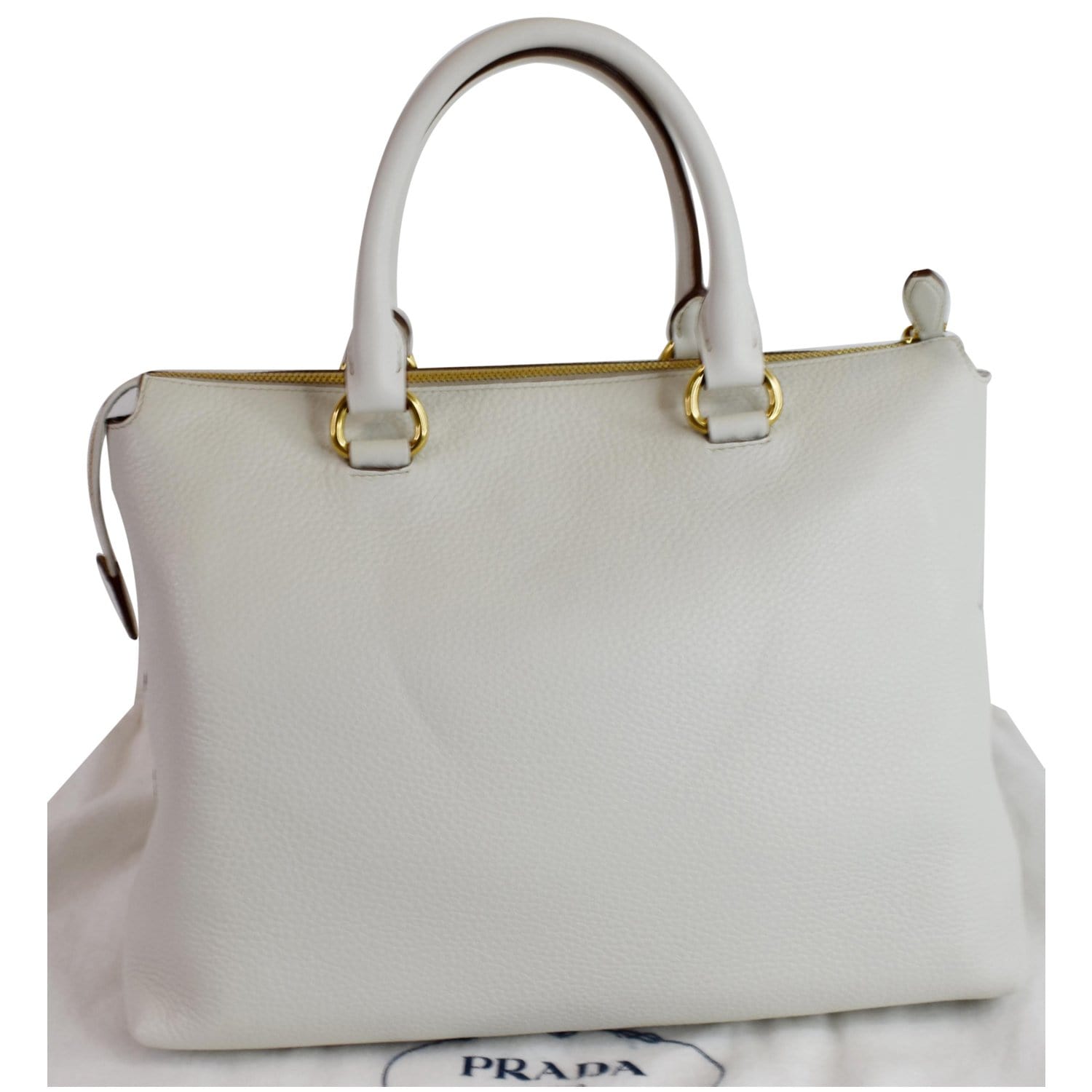 Prada Vitello Daino Pebbled Zip Tote Shoulder Bag Leather White