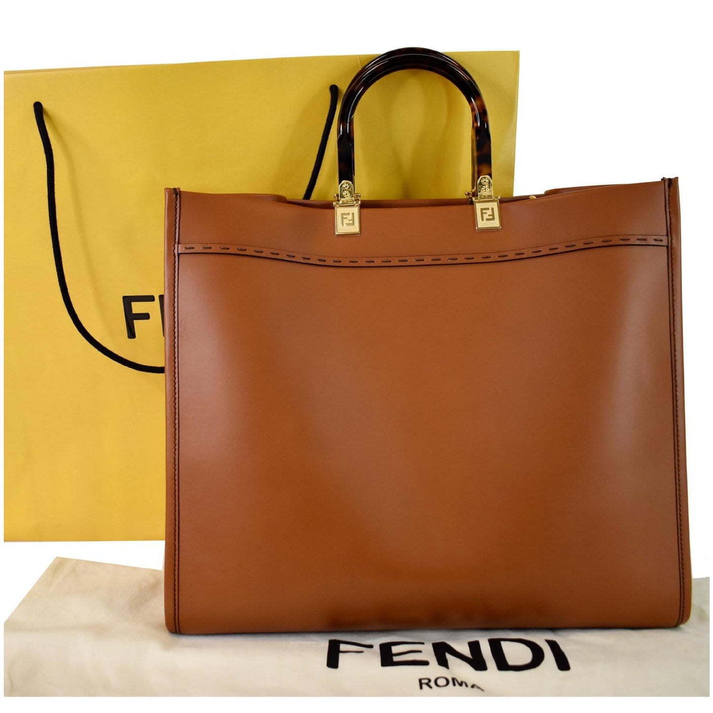 Fendi Sunshine Plexiglass Shopper Tote Bag Leather Brown