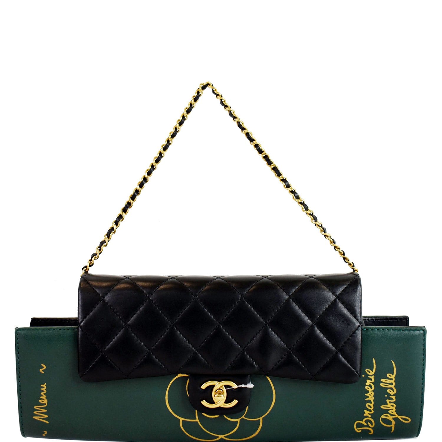 Chanel Gabrielle Brasserie Menu Calfskin Clutch Bag Black Chain