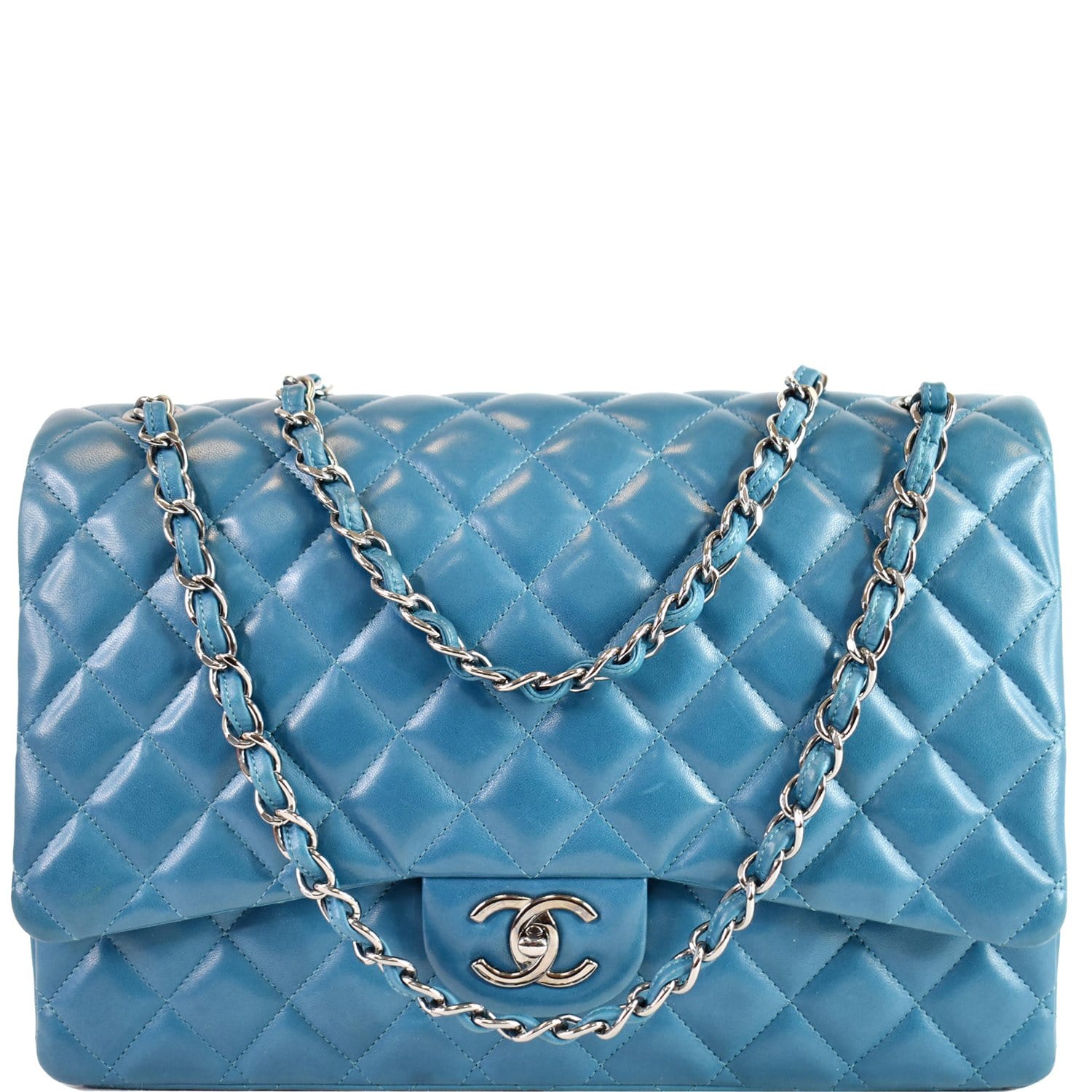 Chanel Maxi Double Calfskin Shoulder Bag Turquoise Leather Flap