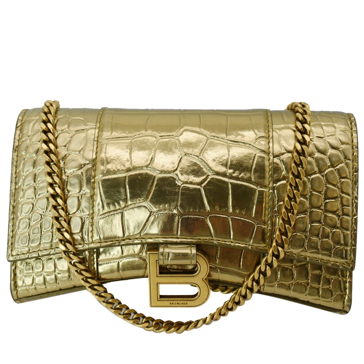Balenciaga Hourglass Metallized Crocodile Embossed Wallet On Crossbody Gold Chain Crossbody Bag