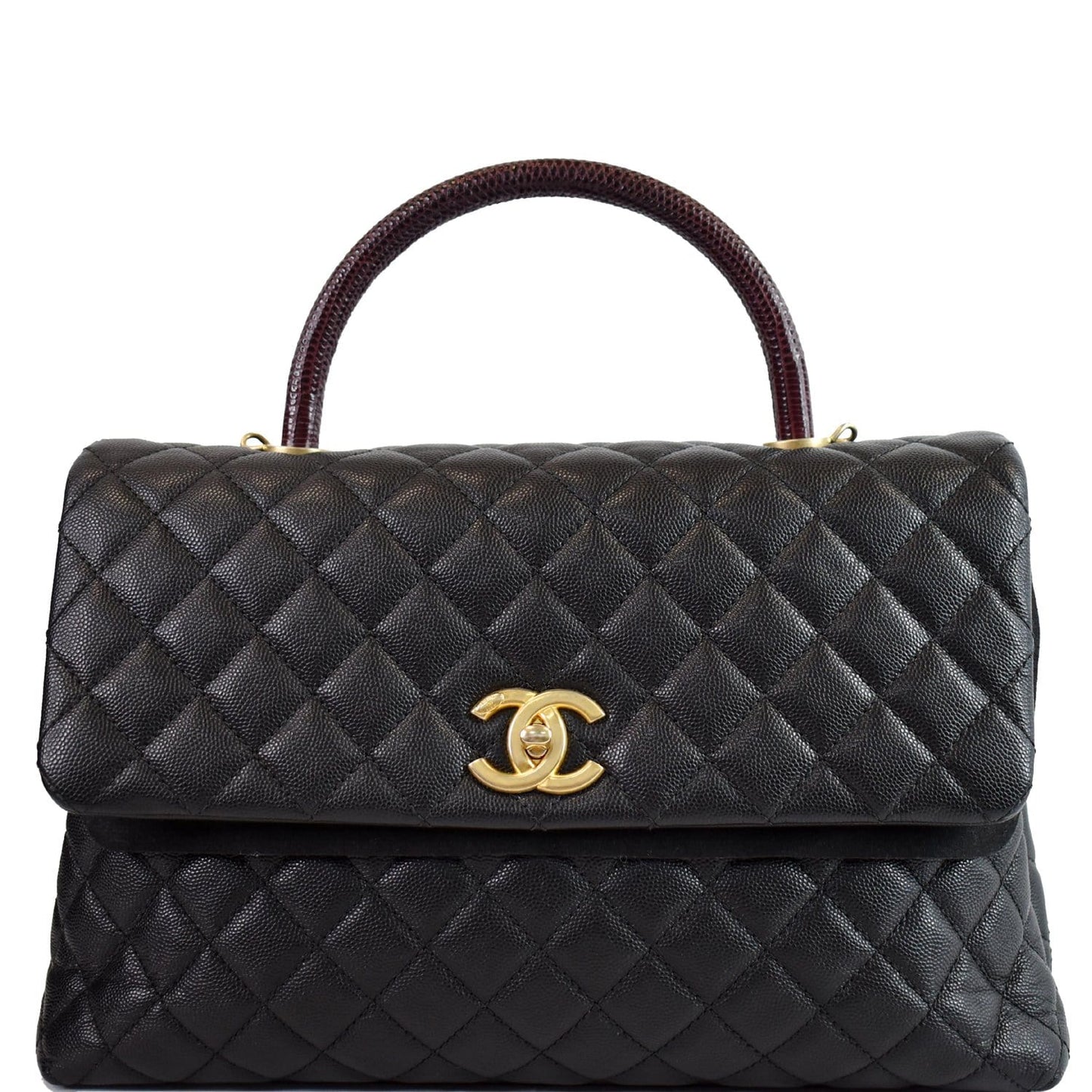 Chanel Coco Caviar Lizard Handle Shoulder Bag Quilted Black