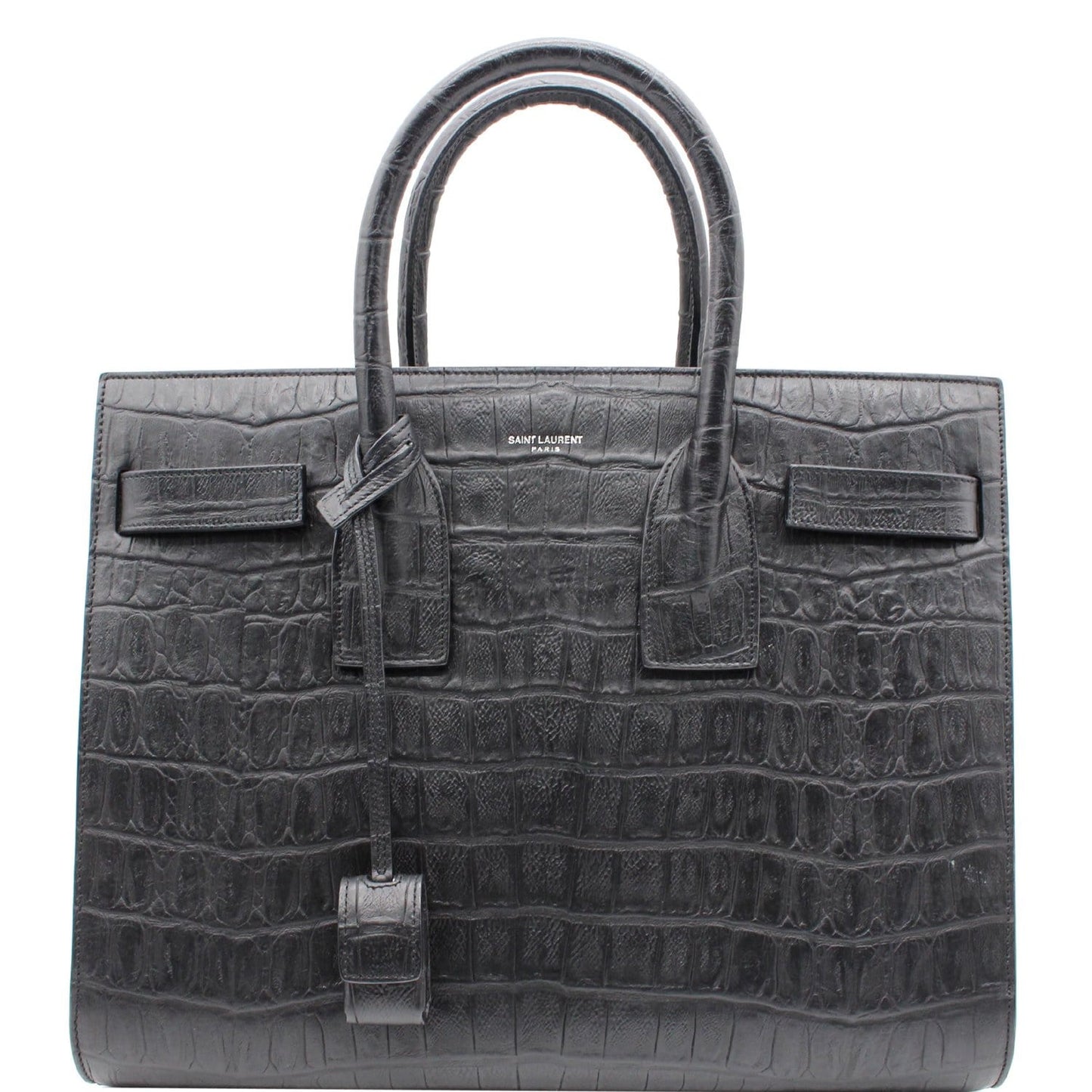 YSL Saint Laurent Saint Sac De Jour Crocodile Embossed Satchel Black Small Travel Bag