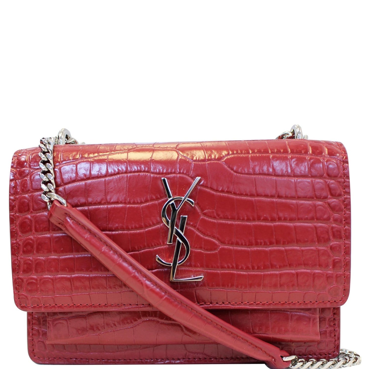 YSL Saint Laurent Saint Sunset Crocodile Embossed Wallet On Bag Red Chain Travel Bag