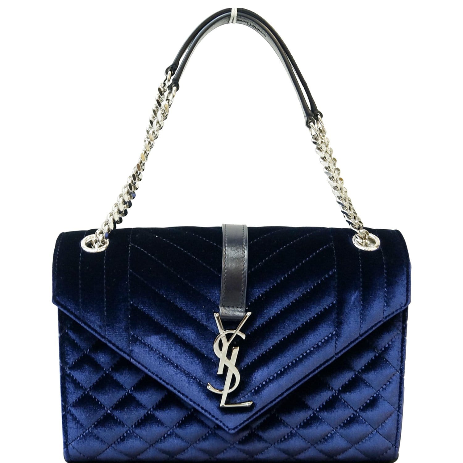 YSL Saint Laurent Saint Tri Quilt Velvet Shoulder Bag Navy Blue Flap