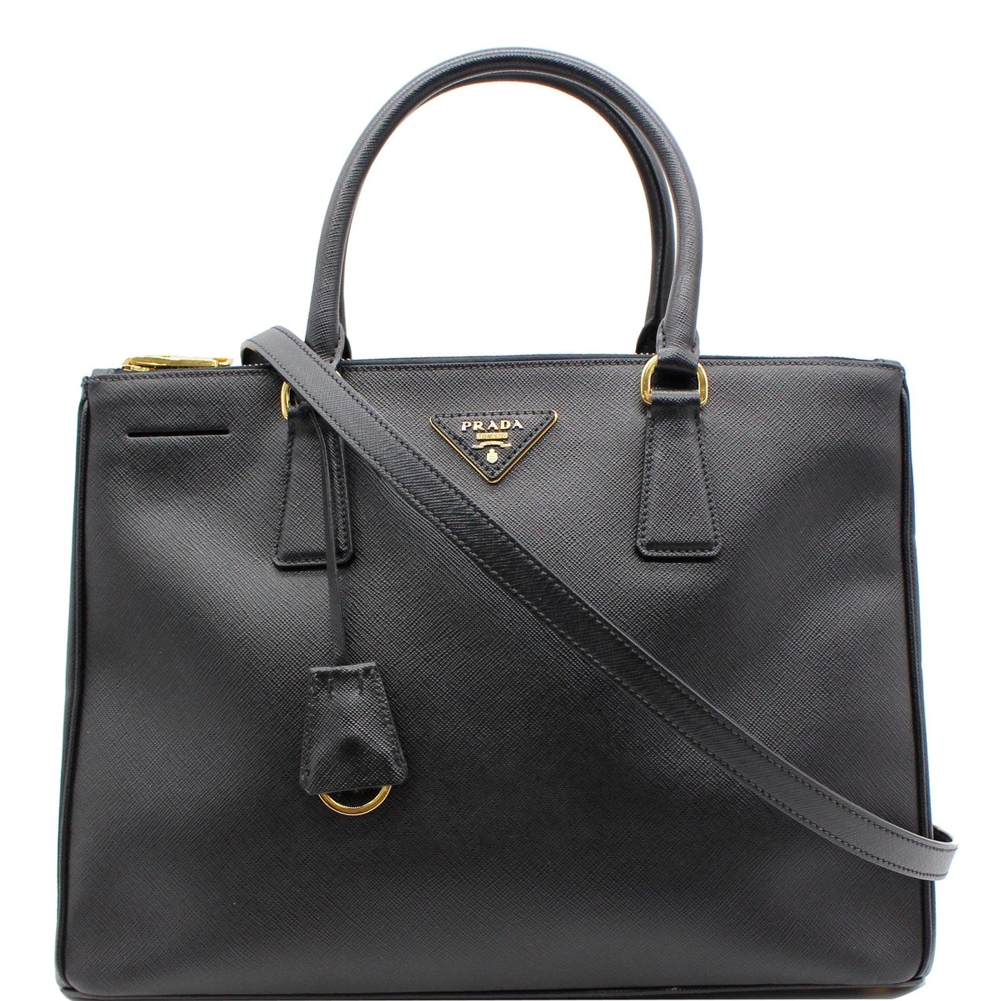 Prada Saffiano Lux Double Zip Tote Shoulder Bag Leather Black