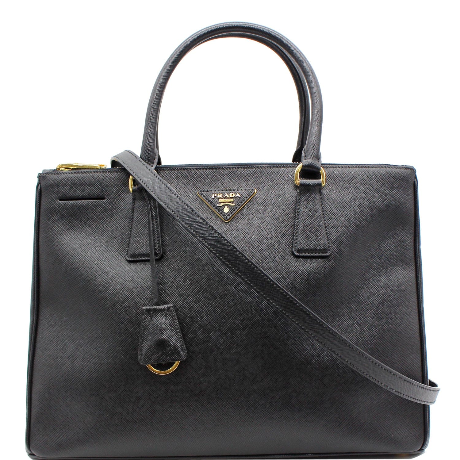 Prada Saffiano Lux Double Zip Tote Shoulder Bag Leather Black