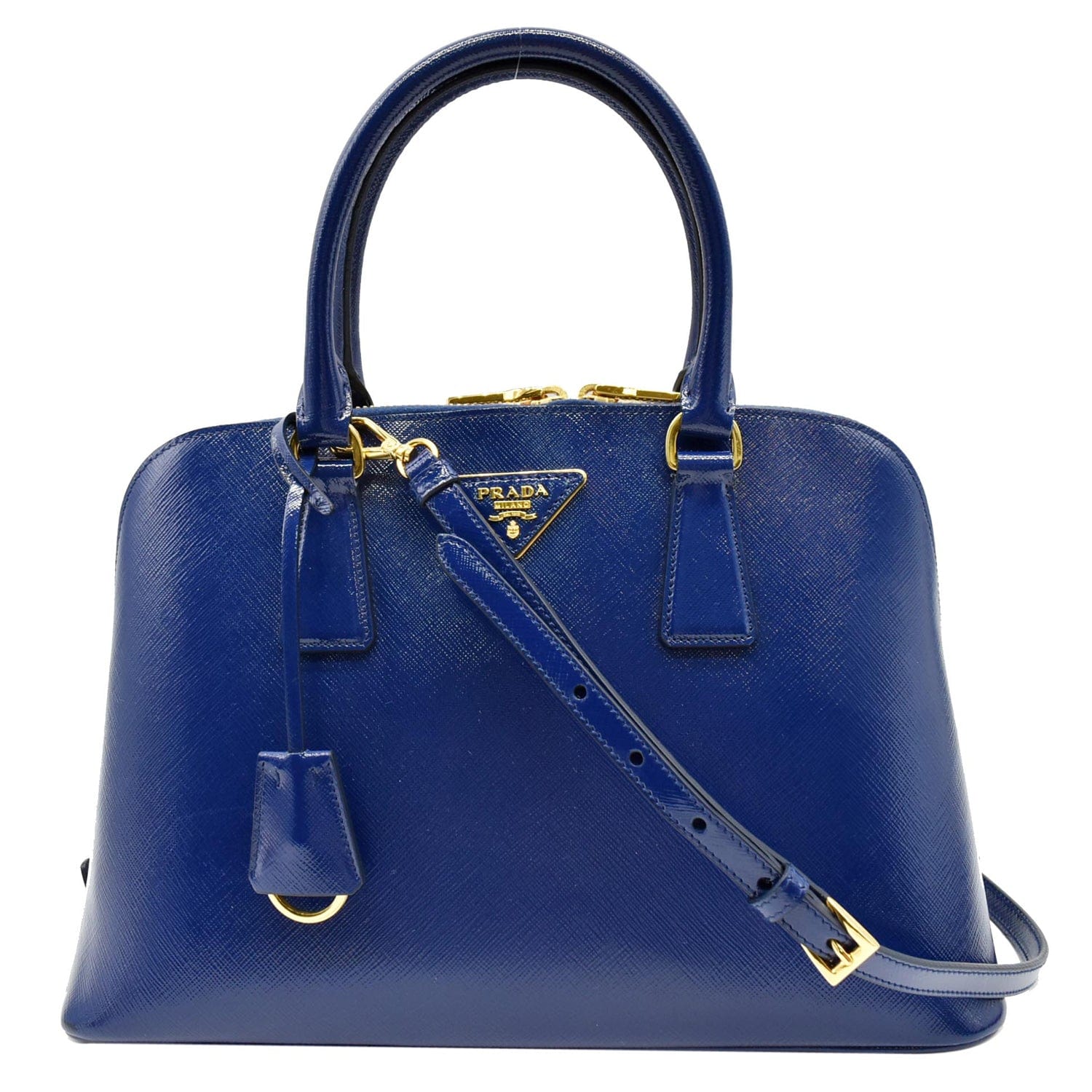 Prada Vernice Saffiano Top Handle Bag Leather Blue Travel Bag