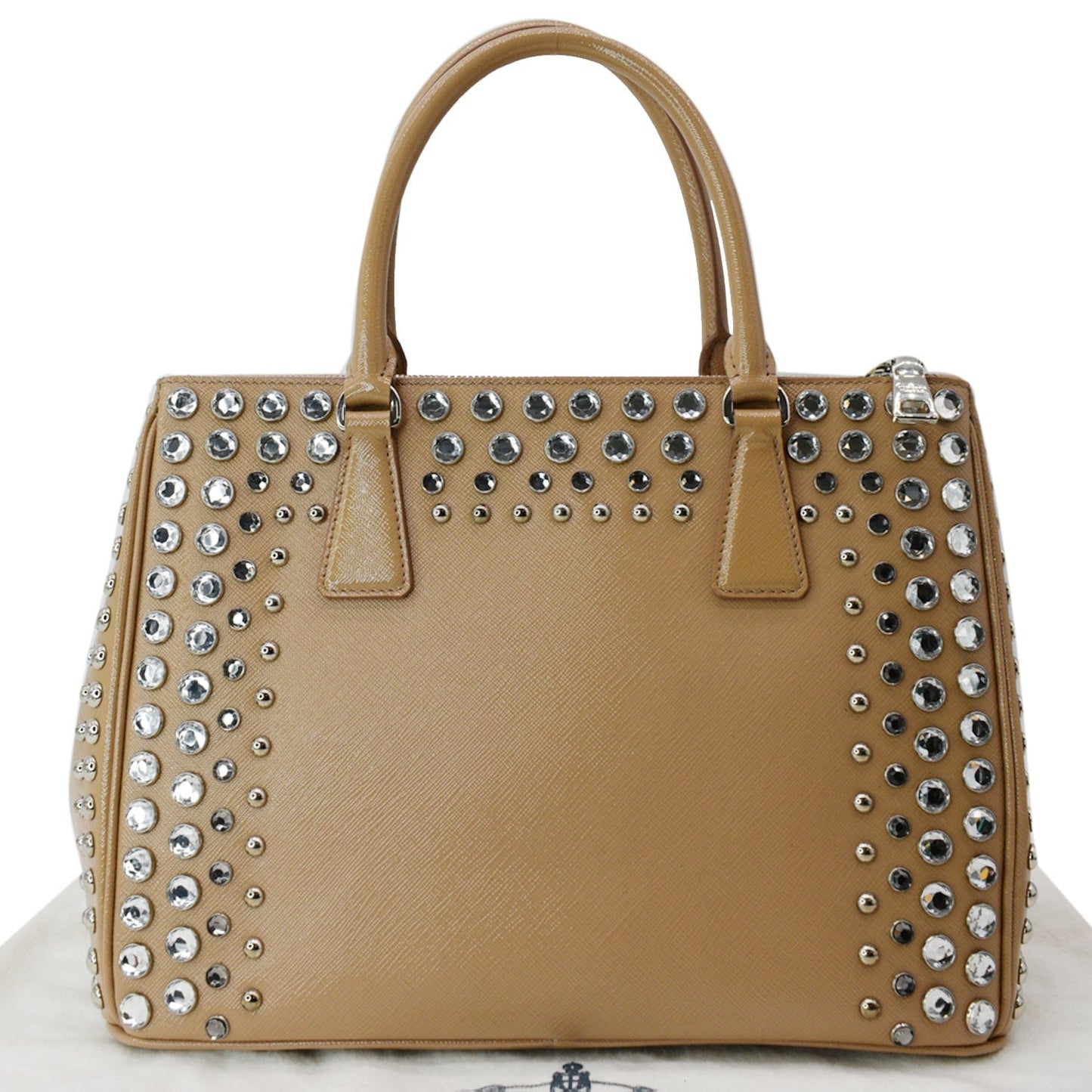 Prada Women Vernice Crystal Studded Saffiano Top Handle Leather Beige Shoulder Bag