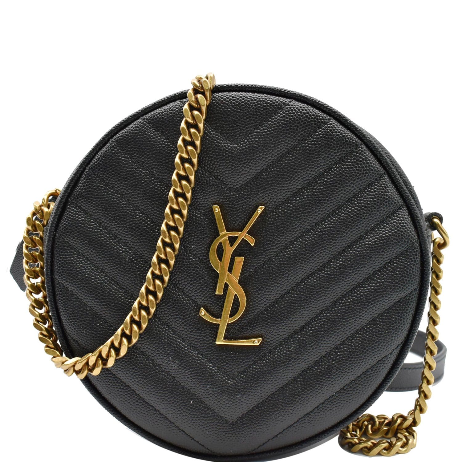 YSL Saint Laurent Saint Vinyle Round Chevron Crossbody Bag Leather Black