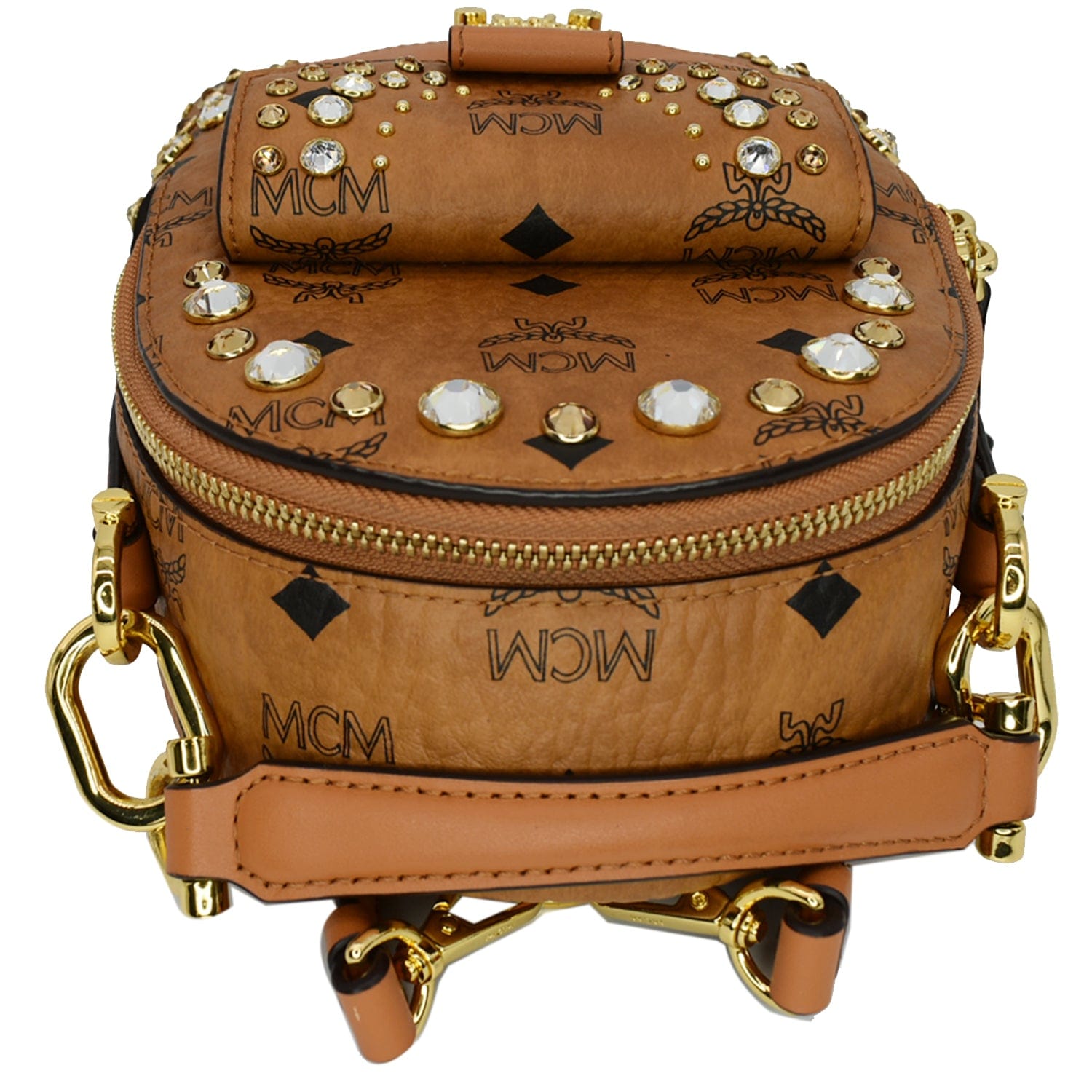MCM Crystal Visetos Nappa Backpack Bag Cognac Leather Mini