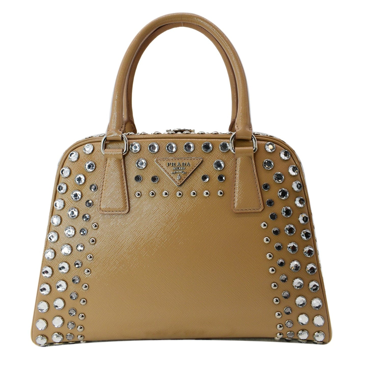 Prada Vernice Crystal Frame Studded Saffiano Top Handle Leather Beige Travel Bag