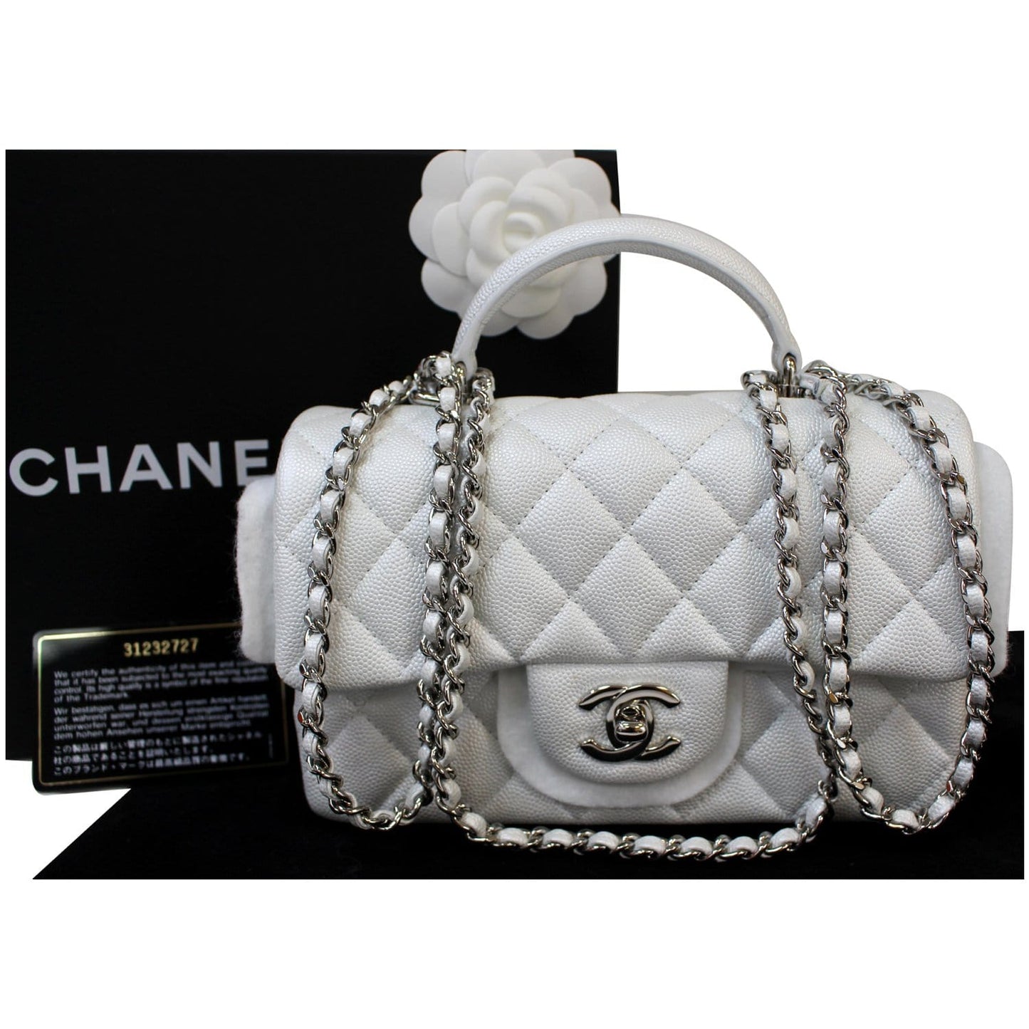 Chanel Top Handle Flap Caviar Crossbody Bag Leather White