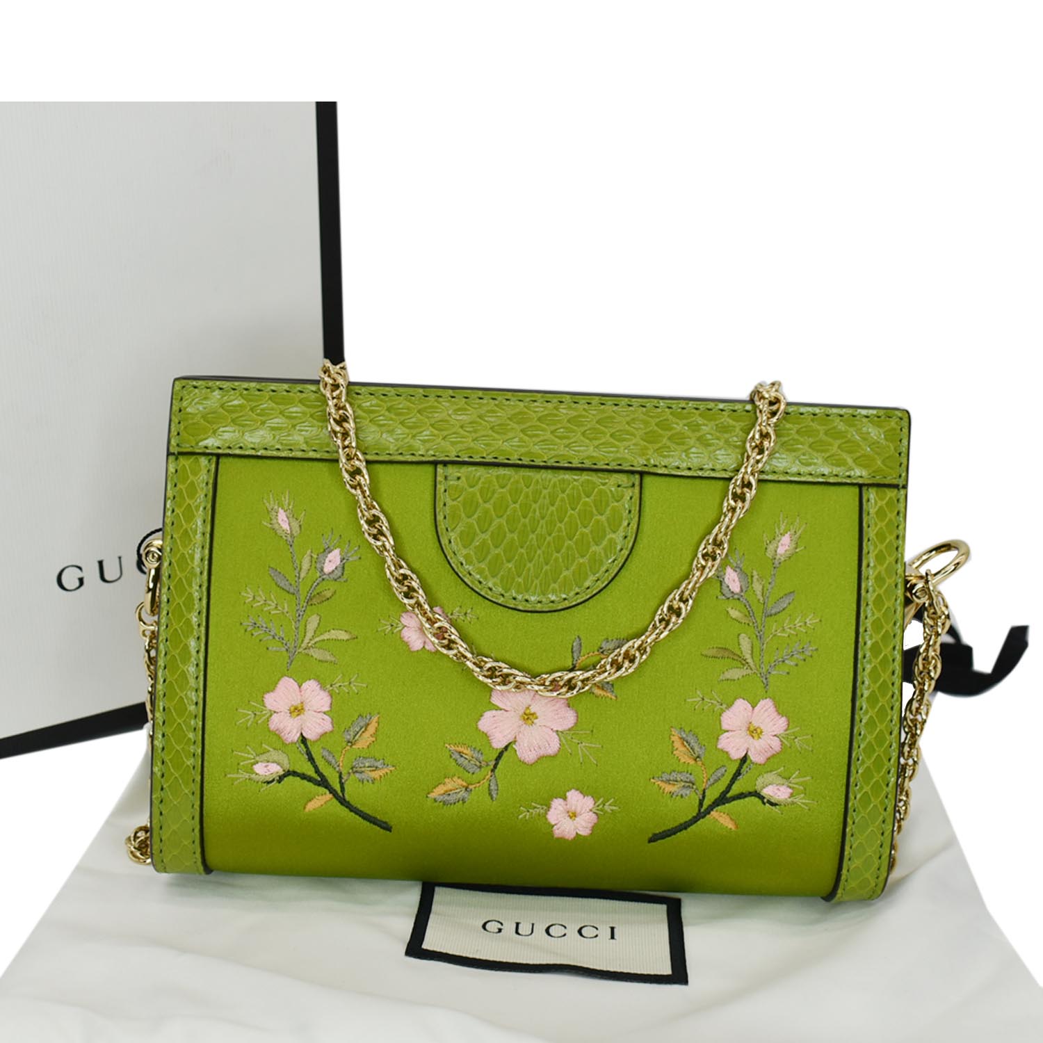 Gucci Ophidia Silk Embroidered Floral Shoulder Bag Hot Green