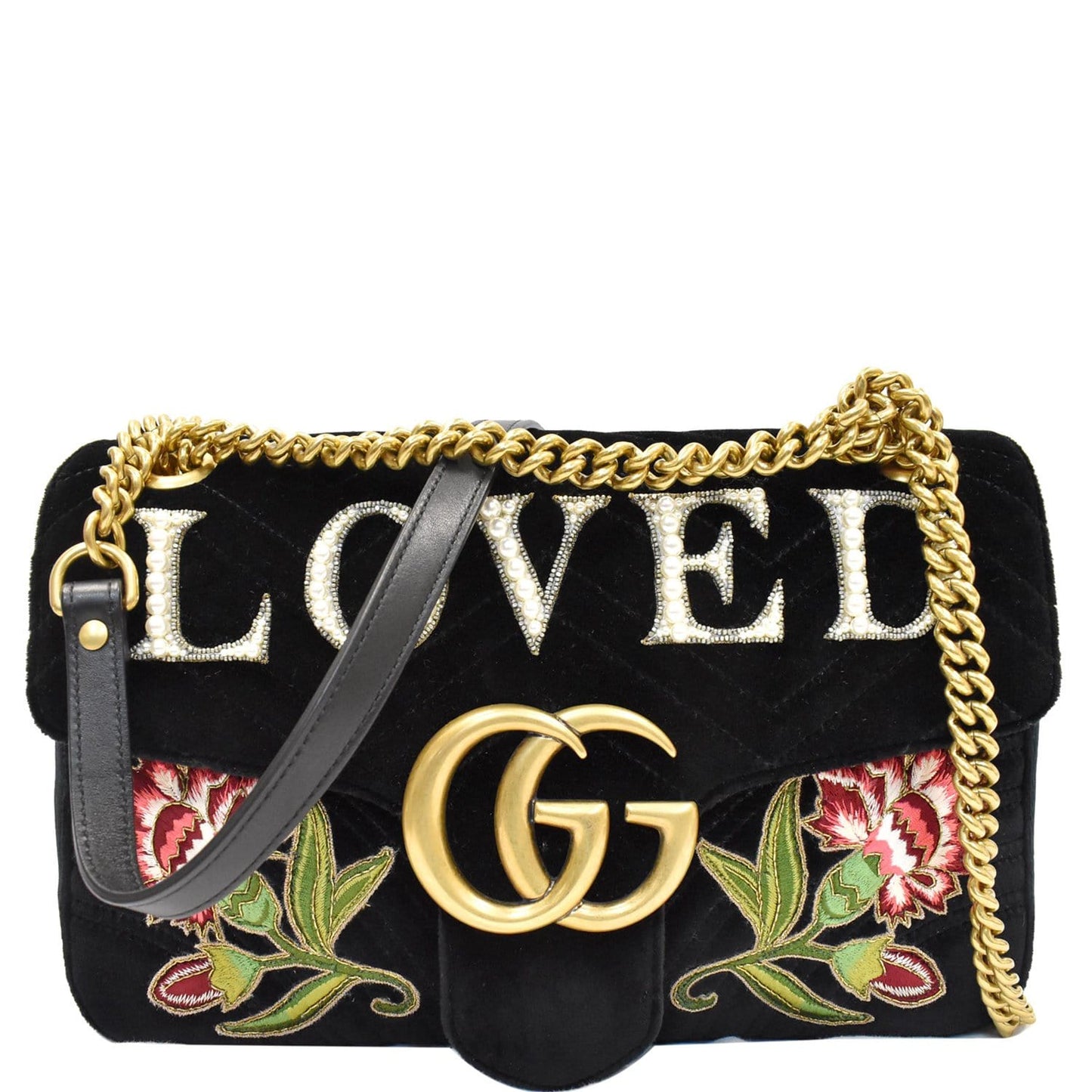 Gucci Blind For Love Marmont Embroidered Velvet Shoulder Black Shoulder Bag