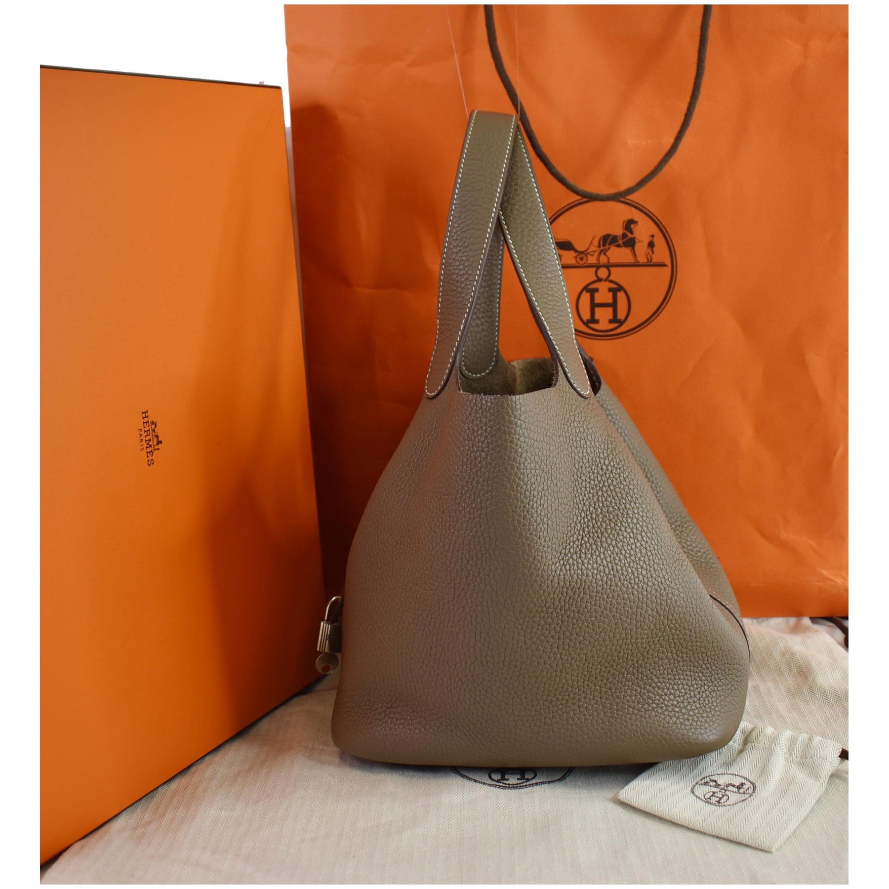 Hermes Picotin Lock Taurillon Clemence Satchel Bag Taupe Leather Travel Bag