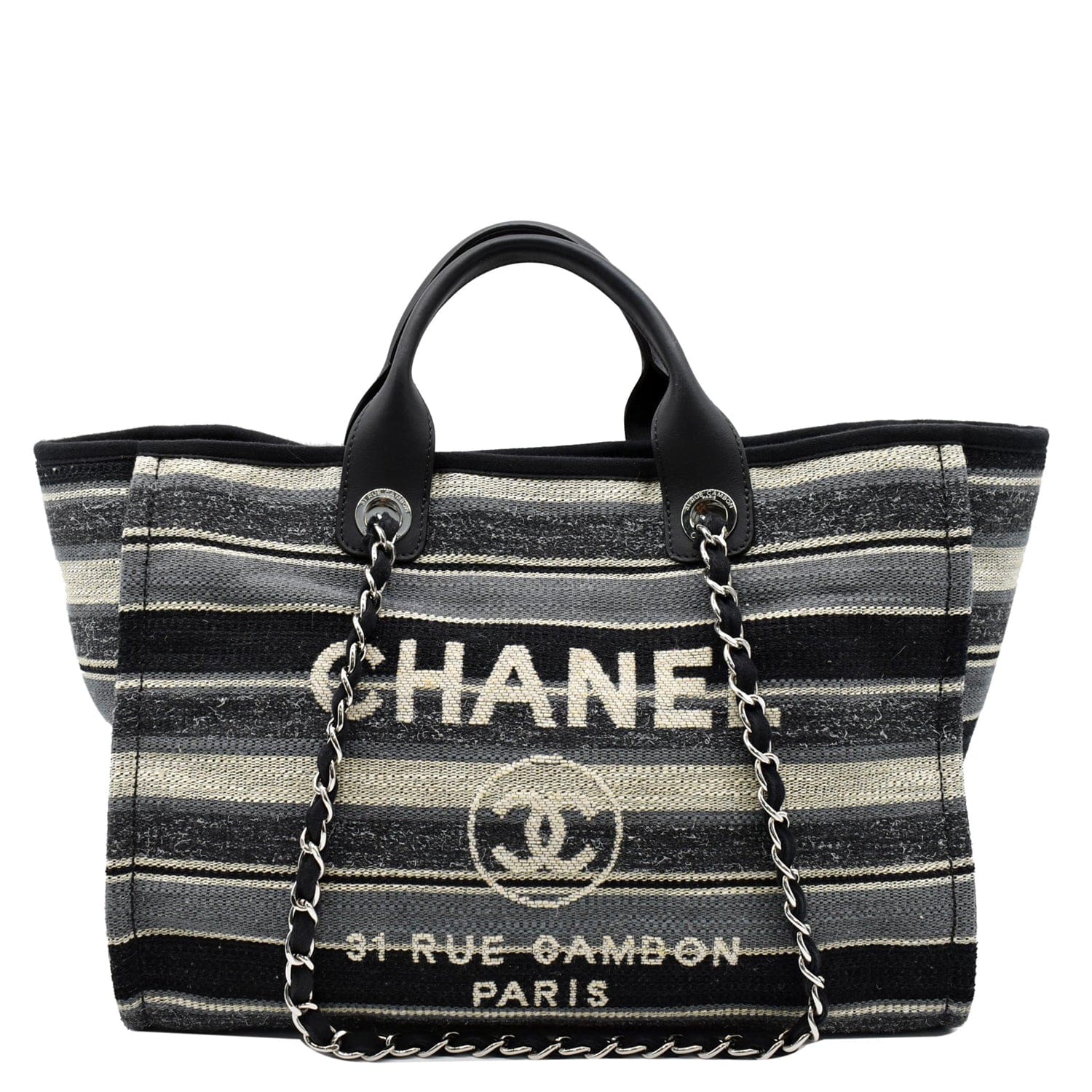 Chanel Deauville Striped Tweed Tote Bag Grey Canvas Black