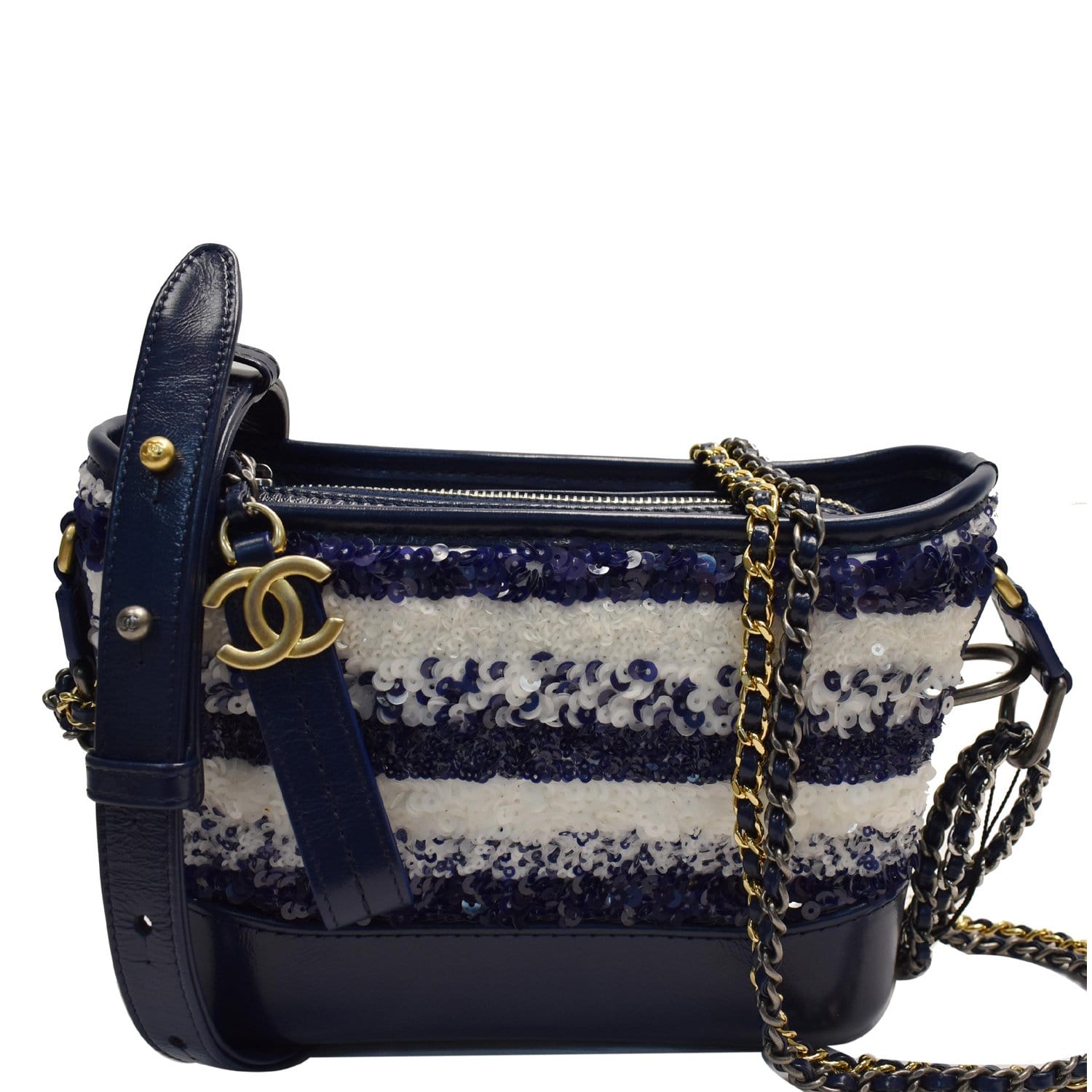 Chanel Gabrielle Sequins Hobo Shoulder Bag Off White Blue