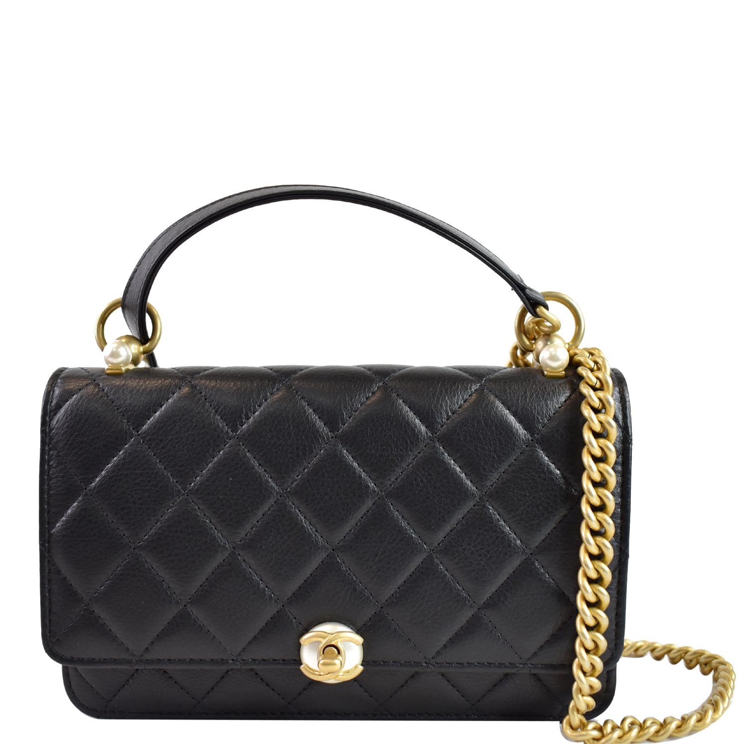 Chanel Pearl Wallet On Crossbody Bag Leather Black