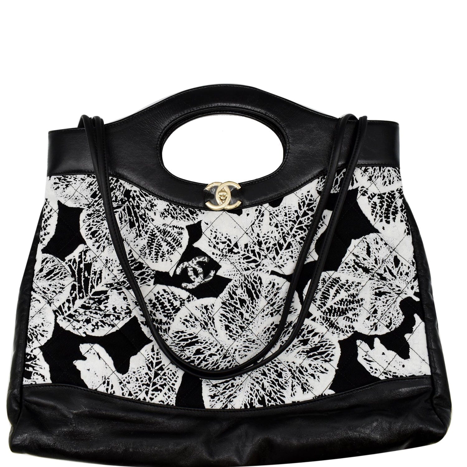 Chanel Printed Cotton Shopping Shoulder Bag Leather Black